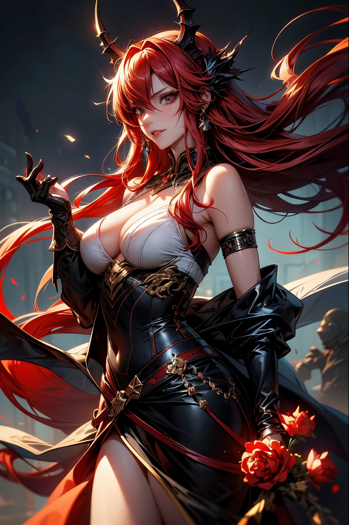 (masterpiece,) (HDR:1.4)attractive anime young woman,long red hair, queen of demons, demon queen, typical isekai demon queen antagonist, cute,full body composition,clean lines, sharp focus, style of artgerm, akihiko yoshida, makoto shinkai, unreal engine 5,octane render exquisite details, fine eyelashes, shiny eyes, visual complementary color, light,translucent, psychedelic, hidden color, clean color, natural, translucent, exposure,dominant pose, looking down at the hero, expressive evil grin menacing (background of dark demons in her service)