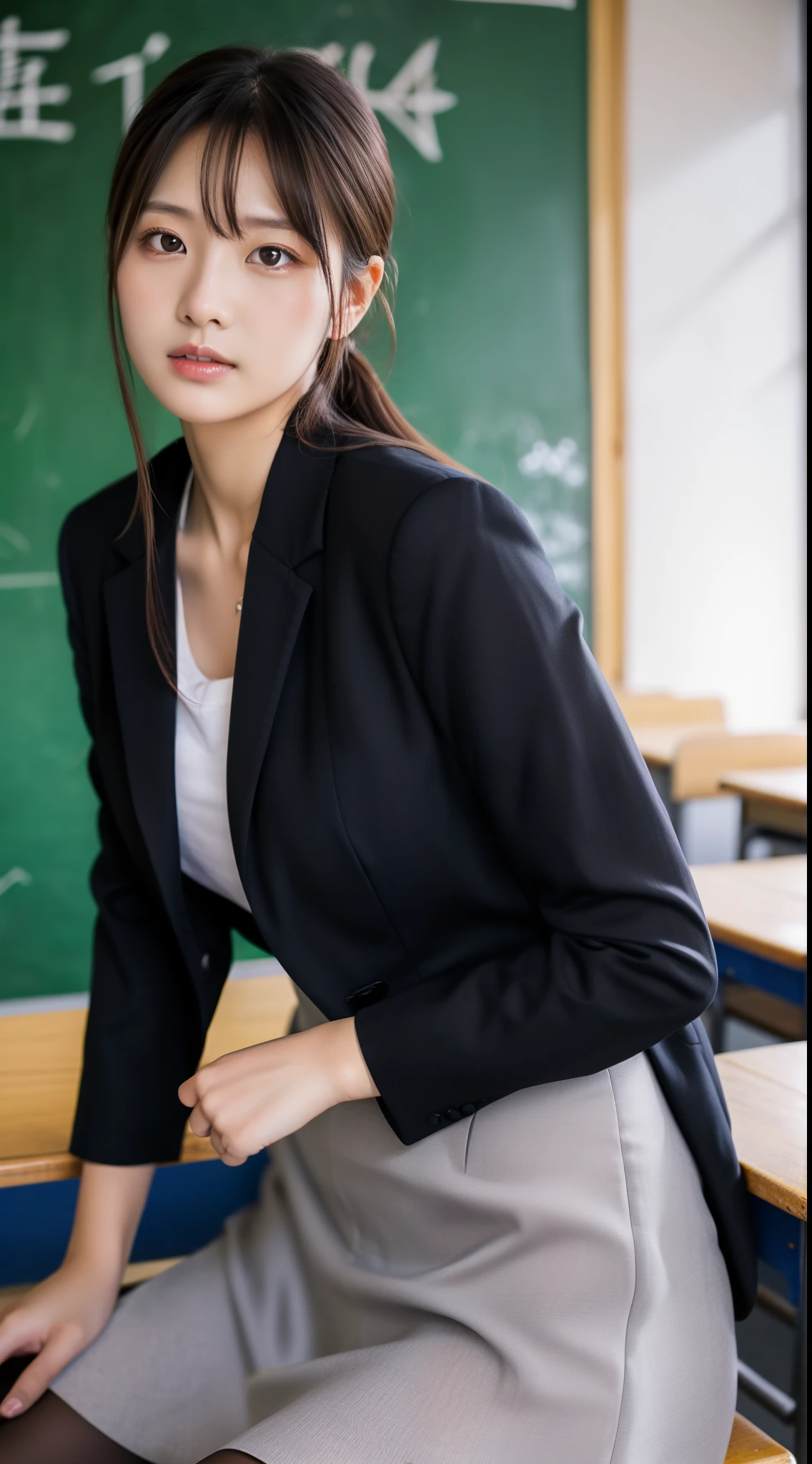 4k,8k,16k,32k, high-resolution ,realistic, photorealistic, RAW photo,ultra realistic photo ,Best Quality, High Quality,Ultra Quality, 8K Portrait,CG unity 8k wallpaper, ,Japanese woman ,30 years old, huge breast, voluptuous ,Woman's black Suit ,black tight skirt,frontage,cowboy shot,‎Classroom, Sony