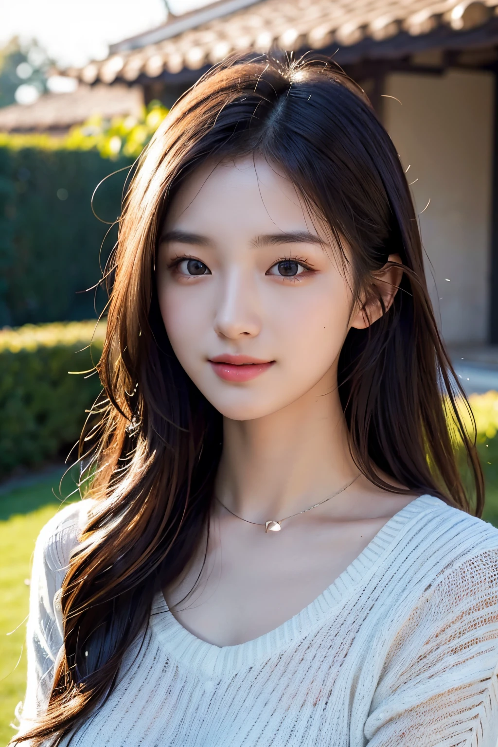 masterpiece,DSLR photo,analog style,NikonD5,rialistic photo,Photo of beautiful 20 year old woman,dramatic lighting(85 mm),Blooming garden in the background,(detailed facial features),(detailed shiny eyes),dynamic ungle,michelangelo style,long,turtle necked sweater,A smile:1.4,