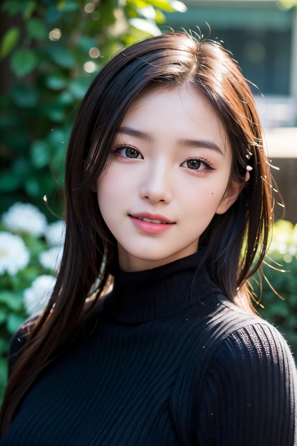 ​masterpiece,DSLR photo,analog style,NikonD5,rialistic photo,Photo of beautiful 20 year old woman,dramatic  lighting(85 mm),Blooming garden in the background,(detailed facial features),(detailed shiny eyes),dynamic ungle,michelangelo style,long,Black turtleneck sweater,A smile:1.4,