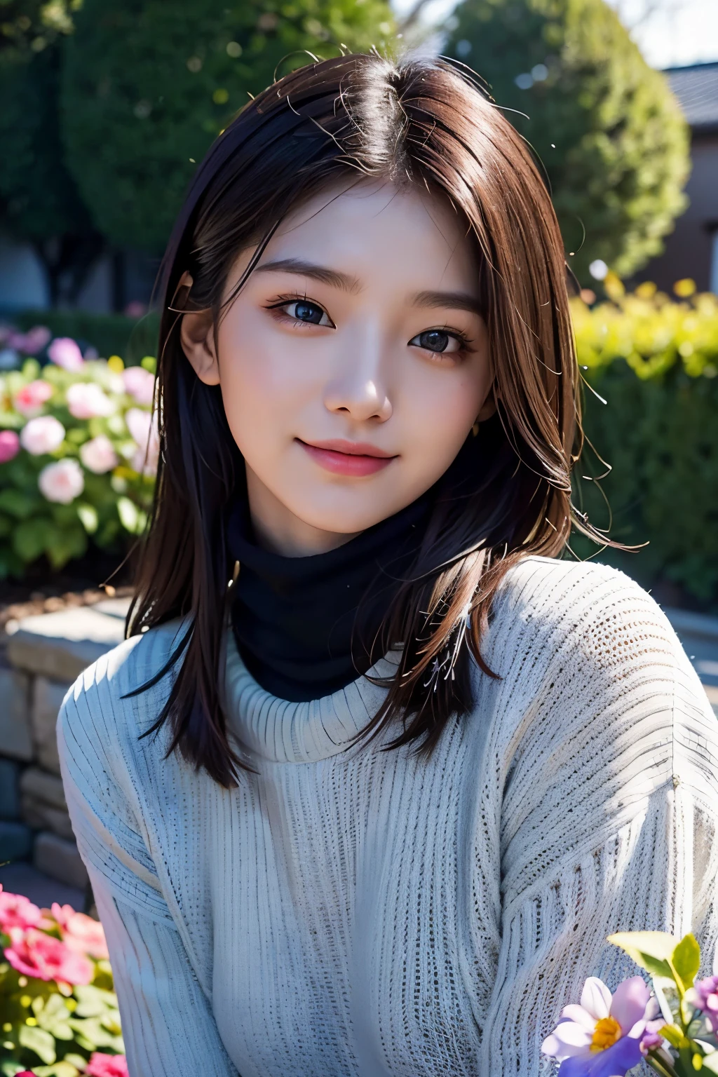 masterpiece,DSLR photo,analog style,NikonD5,rialistic photo,Photo of beautiful 20 year old woman,dramatic lighting(85 mm),Blooming garden in the background,(detailed facial features),(detailed shiny eyes),dynamic ungle,michelangelo style,long,Black turtleneck sweater,A smile:1.4,