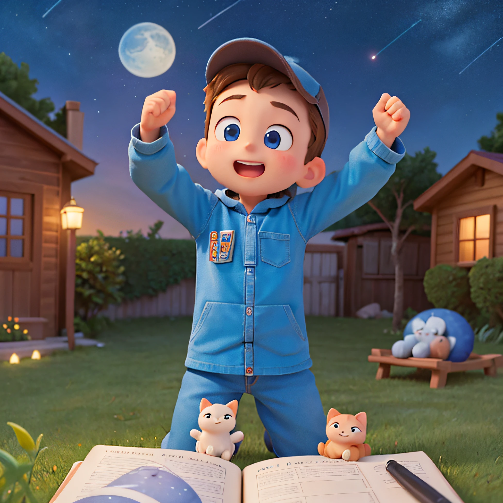Design an image for the introduction of the book where Tom is in the backyard, looking at the night sky full of stars. His face expresses wonder and excitement as he dreams of the vastness of space.
