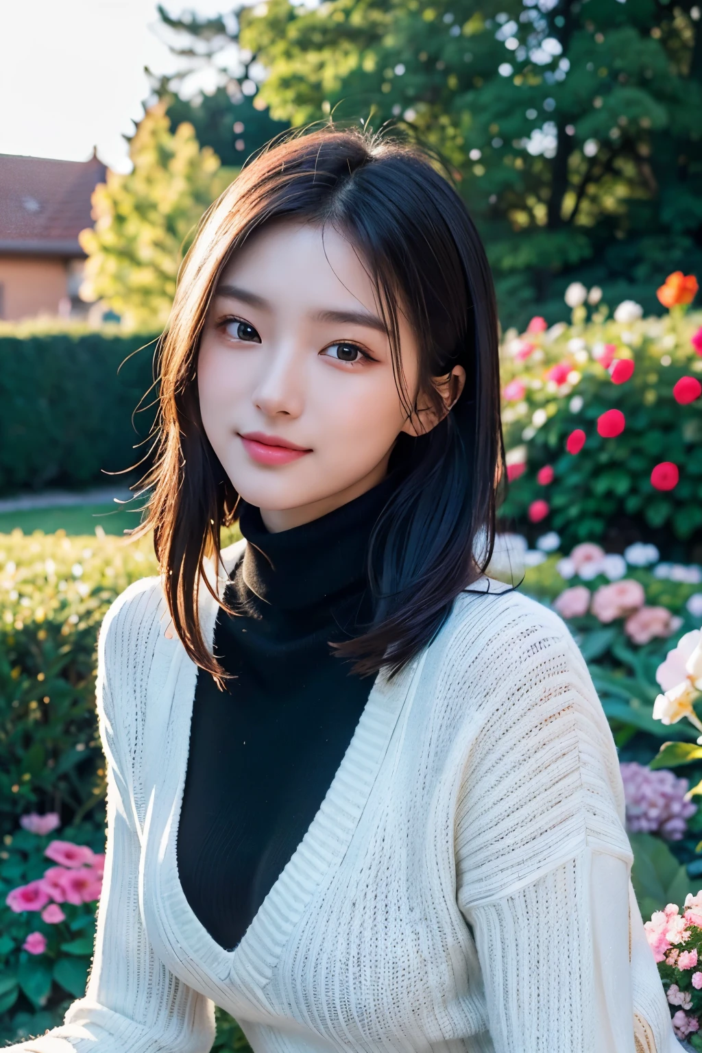 ​masterpiece,DSLR photo,analog style,NikonD5,rialistic photo,Photo of beautiful 20 year old woman,dramatic  lighting(85 mm),Blooming garden in the background,(detailed facial features),(detailed shiny eyes),dynamic ungle,michelangelo style,long,Black turtleneck sweater,A smile:1.4,