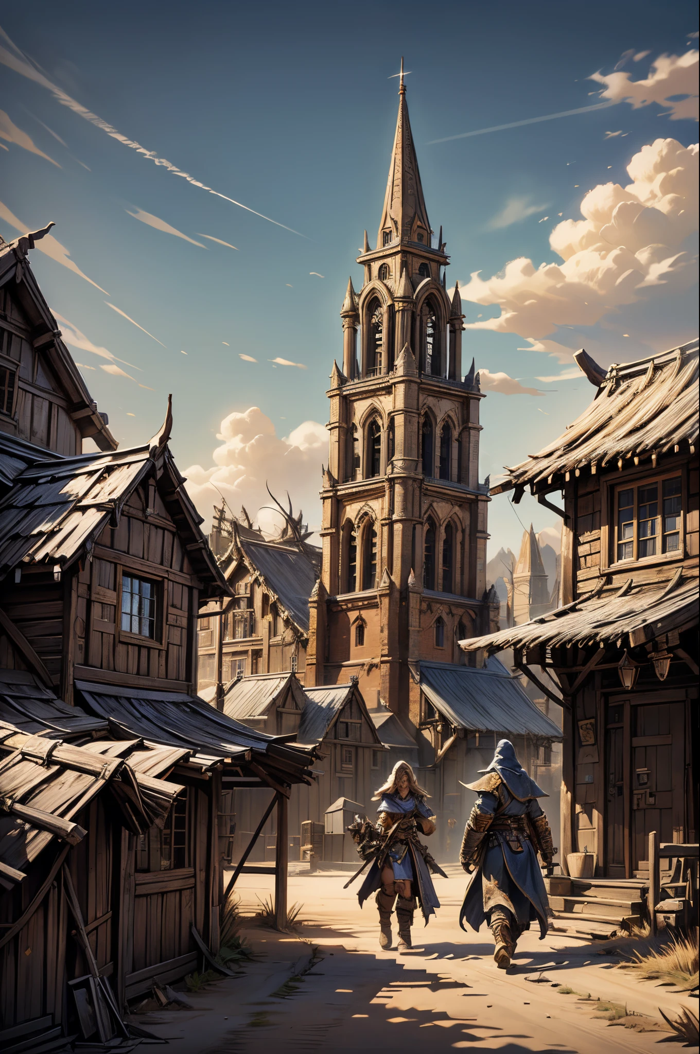 warcraft 3 run down town moonbrook, small houses and a old destroyed cobble road, desert and dried grass, big townhall,tower with bell, haystacks, wooden rails, hayroof, blacksmith, secret entrance to a bandit lord