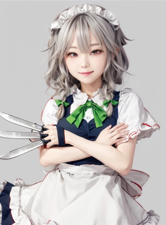 anime girl with medium hair with braids and a green bow in a white dress, red eyes, a silver haired maid, izayoi sakuya, three knife,