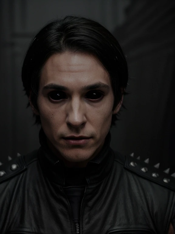 male, alien, upper body, guardians of the Galaxy, solo, black hair spiky, black eyes, solid black whites of eyes, red leather old clothes, ((photo)), 8k, sharp cheekbones, sharp chin, long thin nose, sharp teeth, thin lips, irritation, sallow facial skin, skinny body, sharp limbs