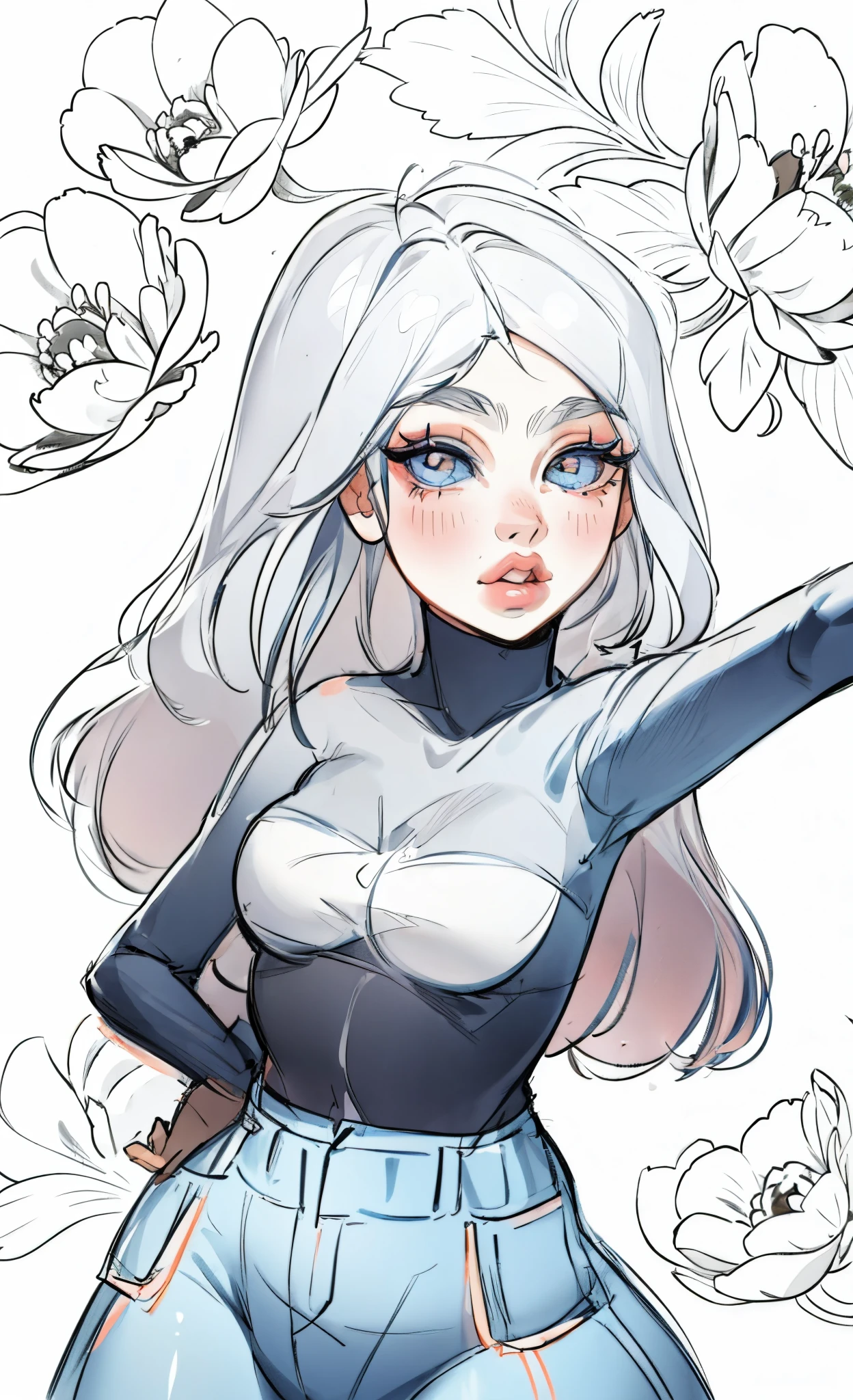 girl posing for a selfie, plump lips, slender cute eyes, line art, artwork, sketching, anime, flowers, jeans, ban doe top,