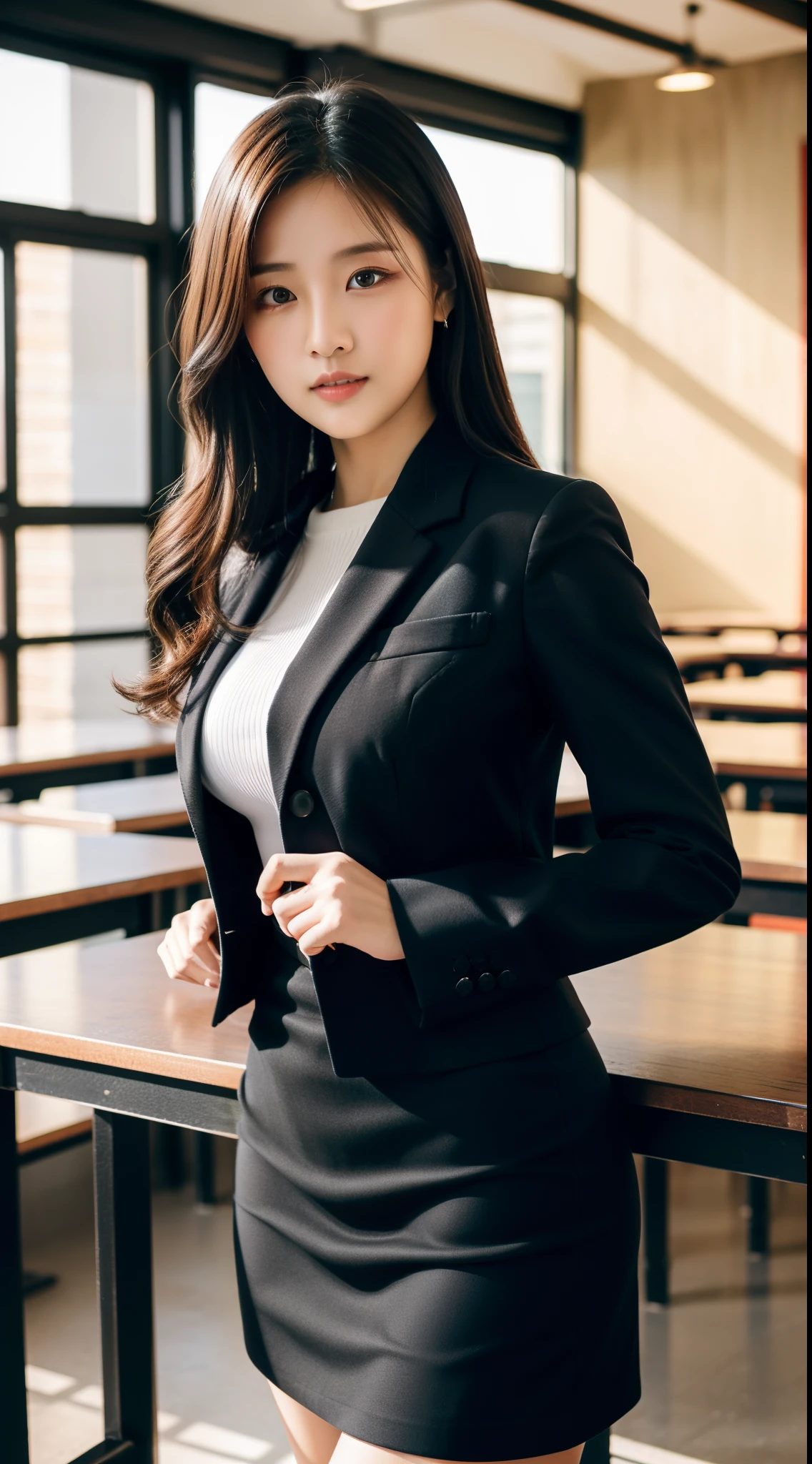 4k,8k,16k,32k,64k, high-resolution ,realistic, photorealistic, RAW photo,ultra realistic photo ,Best Quality, High Quality,Ultra Quality, 8K Portrait,CG unity 8k wallpaper, insanely detailed beautiful kawaii face ,Japanese , governess,20 years old, huge breast, voluptuous ,(Woman's black Suit tight skirt),frontage,cowboy shot,Classroom