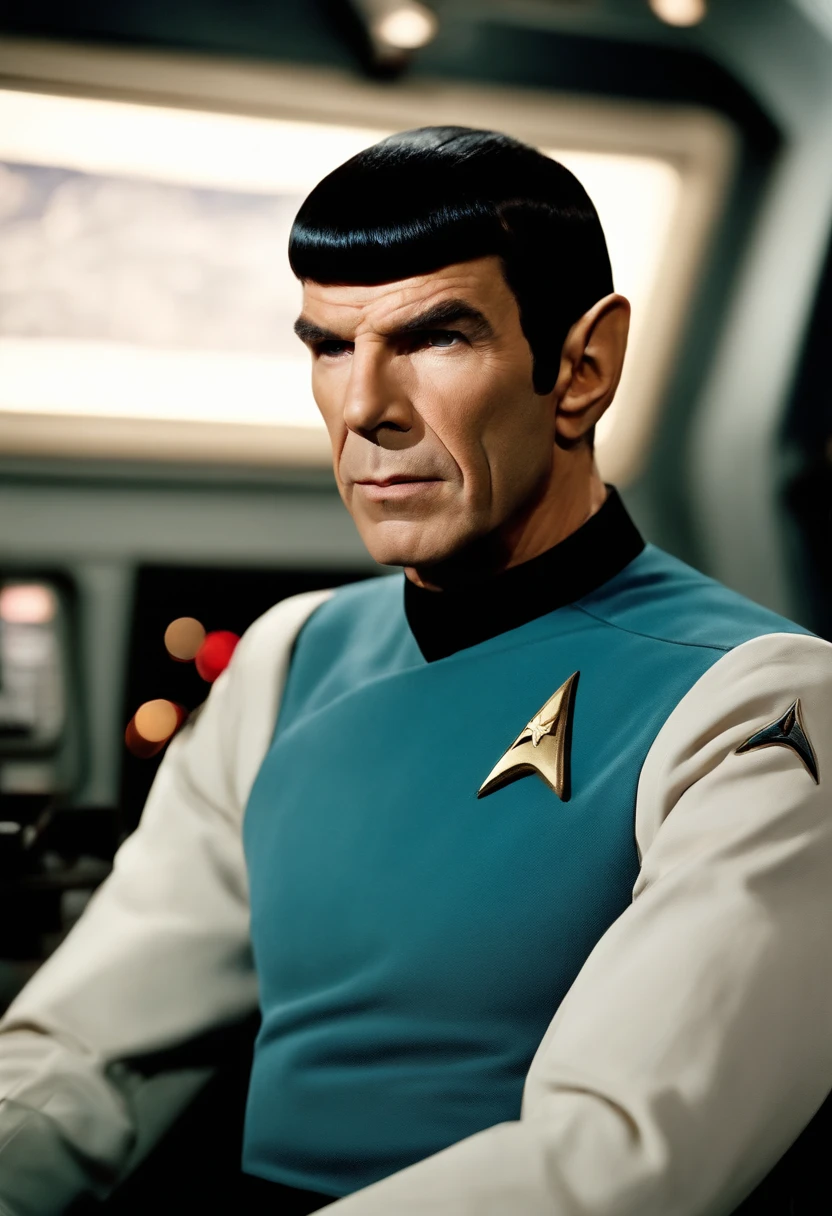 A photo of Spock in a Starfleet starship cockpit, analyzing a complex star chart and plotting a course through uncharted space.,Star Trek,Spock, the iconic character from “Star Trek,” is distinguished by his unique Vulcan appearance: sharp, angular features, with notably pointed ears and slanted eyebrows, often complemented by his calm, composed expression. His hair is typically cut in a precise, straight style, adding to his orderly and logical demeanor.