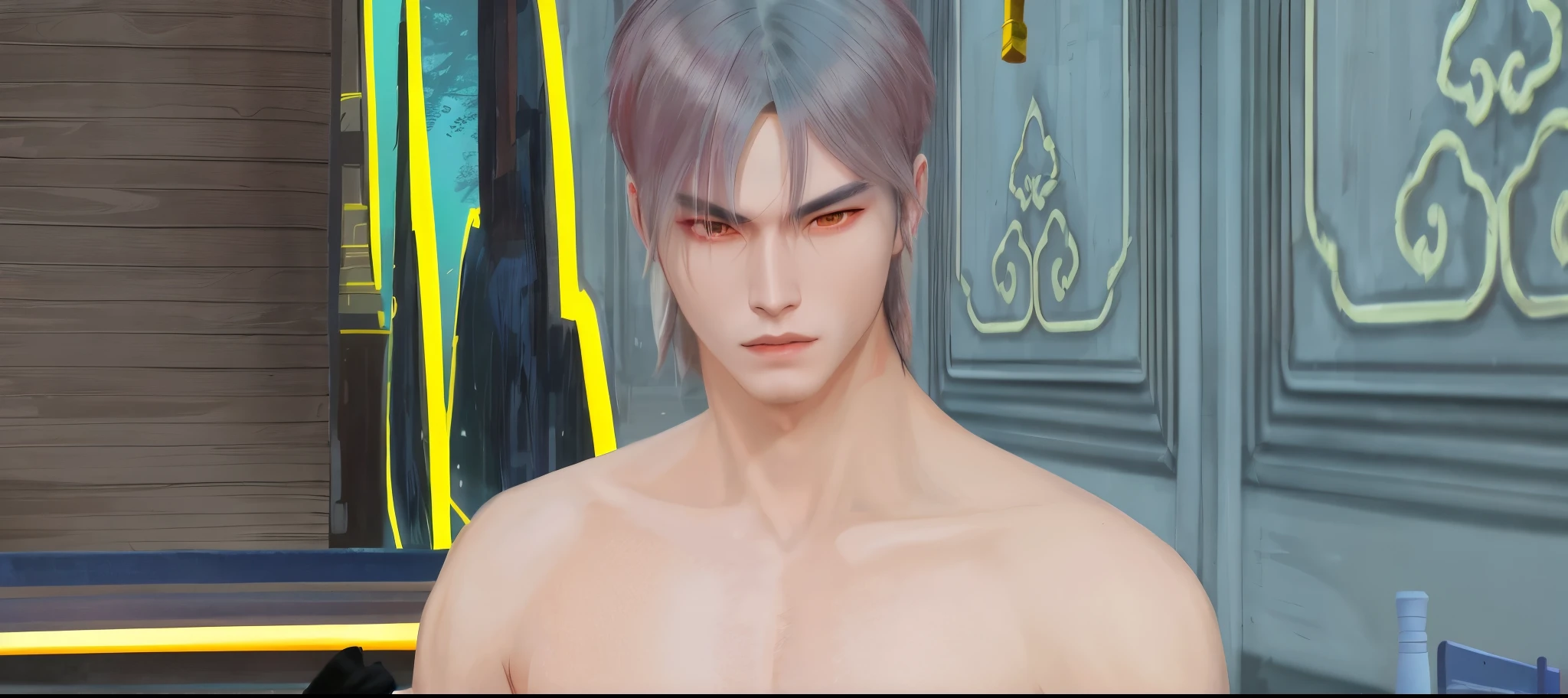 there is a man with a red hair and a necklace on, male character, male with halo, shirtless :: high detail, as a character in tekken, evil devious male, skinny male fantasy alchemist, from final fantasy xiii, with glowing runes on the body, sigma male, human male demon, a male elf, demon male, final fantasy character, skinny male mage