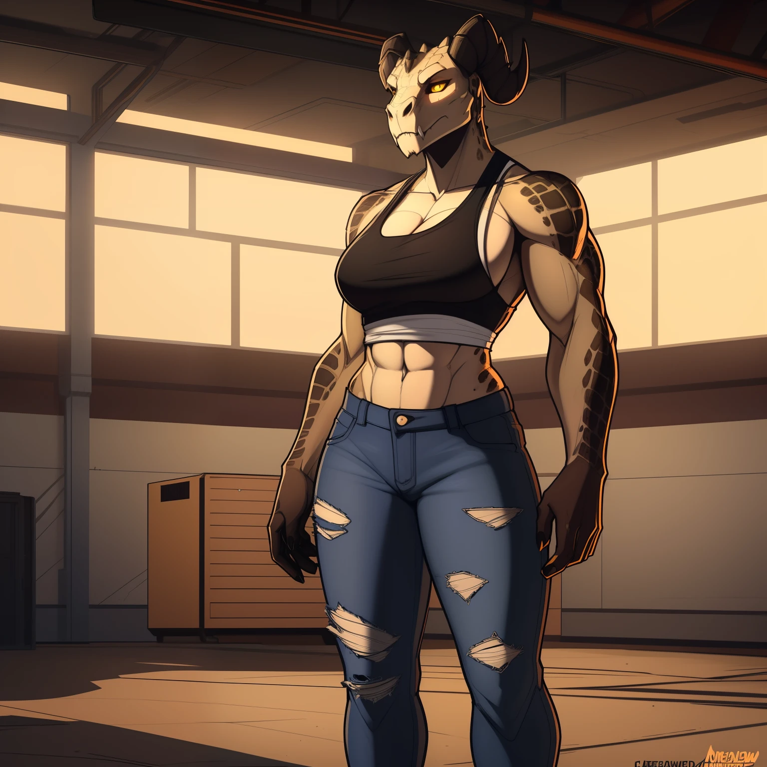Tall_lanky_muscular_deathclaw female dark_beige_scaled_body spotted_scales yellow_eyes solo Masterpiece best_quality absurdres highly_detailed cleanly_drawn_eyes anthro_only by_claweddrip, by_greasymojo, by_underscore-b, by_runawaystride ripped_jeans ripped_tank_top