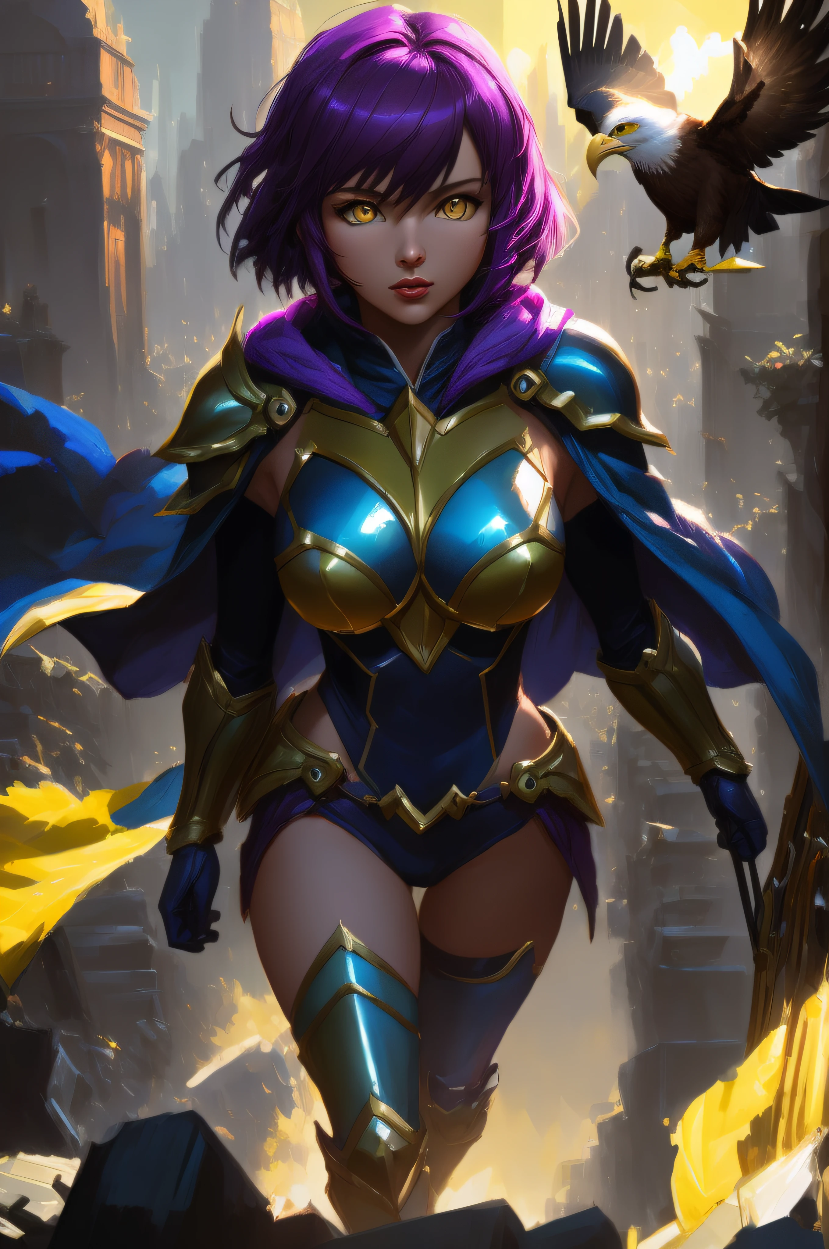 ((quinn \(league of legends\))), league of legends, 1girl, (eagle_bird:1.2), armor, helmet, solo, ((crossbow)), cape, cowboy shot, armor, (purple hair), short hair, gloves, blue cape, helmet, (yellow eyes), gold helmet, breastplate, bodysuit, breasts, (valor, eagle_bird:1.3), modelshoot style, (extremely detailed CG unity 8k wallpaper), full shot body photo of the best artwork in the world, professional majestic oil painting by Ed Blinkey, Atey Ghailan, Studio Ghibli, by Jeremy Mann, Greg Manchess, Antonio Moro, trending on ArtStation, trending on CGSociety, Intricate, High Detail, Sharp focus, dramatic, photorealistic painting art by midjourney and greg rutkowski