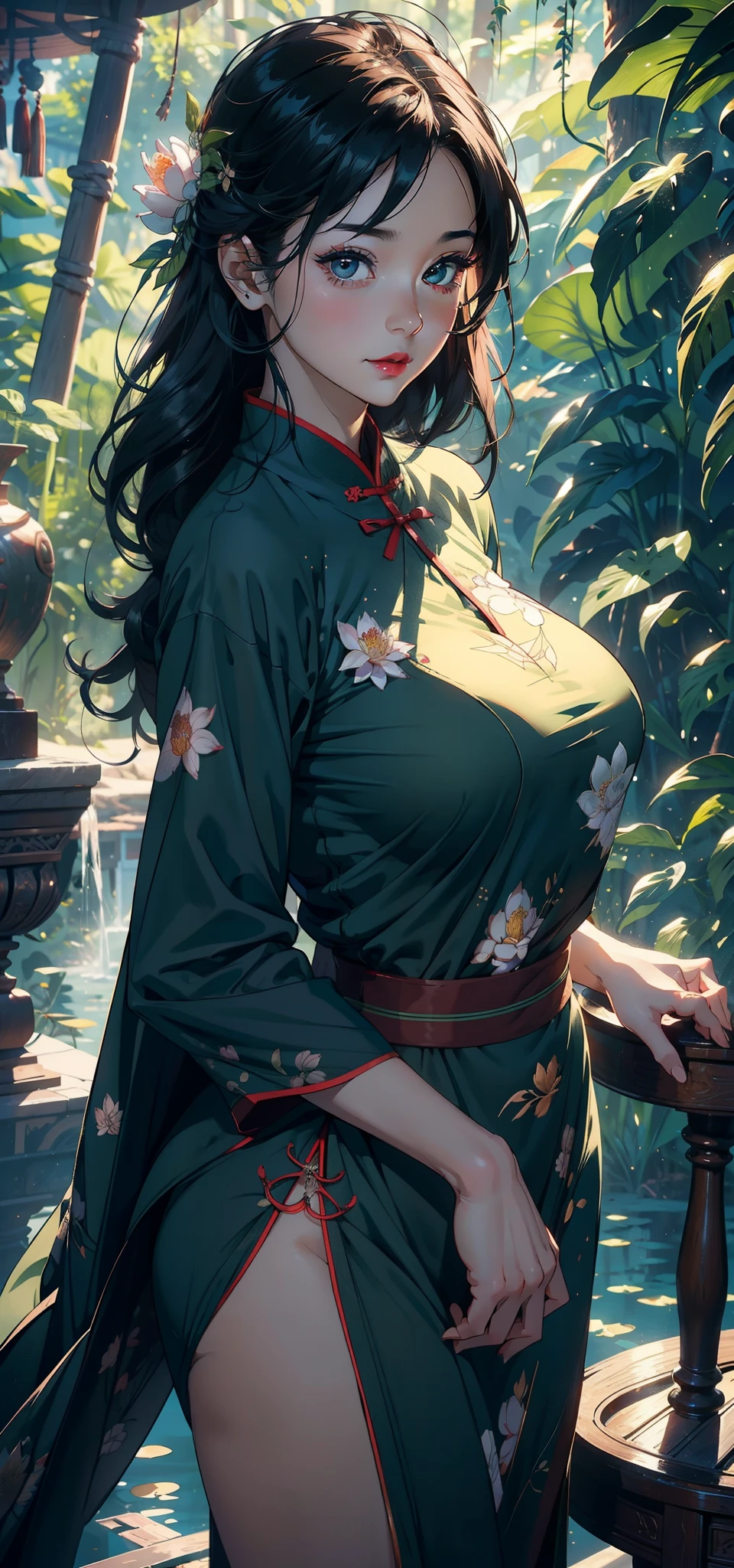 1female,45 yers old,Married Woman,熟妇,mature,plumw,extremely large bosom,Big breasts Thin waist,long leges, 独奏,(Background with:Deep in the forest,Cherry blossom forest,ponds,lotus flower)Stand on the grass,Open your legs, She has long black hair,bobo head,,seen from the front, standing in forest, mostly cloudy sky,(((tmasterpiece),(Very detailed CG unity 8K wallpaper),best qualtiy,cinmatic lighting,detailed back ground,beatiful detailed eyes,Bright pupils,Black eyes,Snow-whiteskin,Redlip(Very fine and beautiful),(Beautiful and detailed eye description),ultra - detailed,tmasterpiece,))facing at camera,A high resolution,ultra - detailed),laughingly,revealing breasts,Bare genitalia, Bulge,legs are open,Raised sexy,Camel toes,Flushed complexion,Desire for dissatisfaction,frontage,Aviator(Wearing:,green colored bomber jacket,Hanfu)visible panty、nakeness,A sagging breast