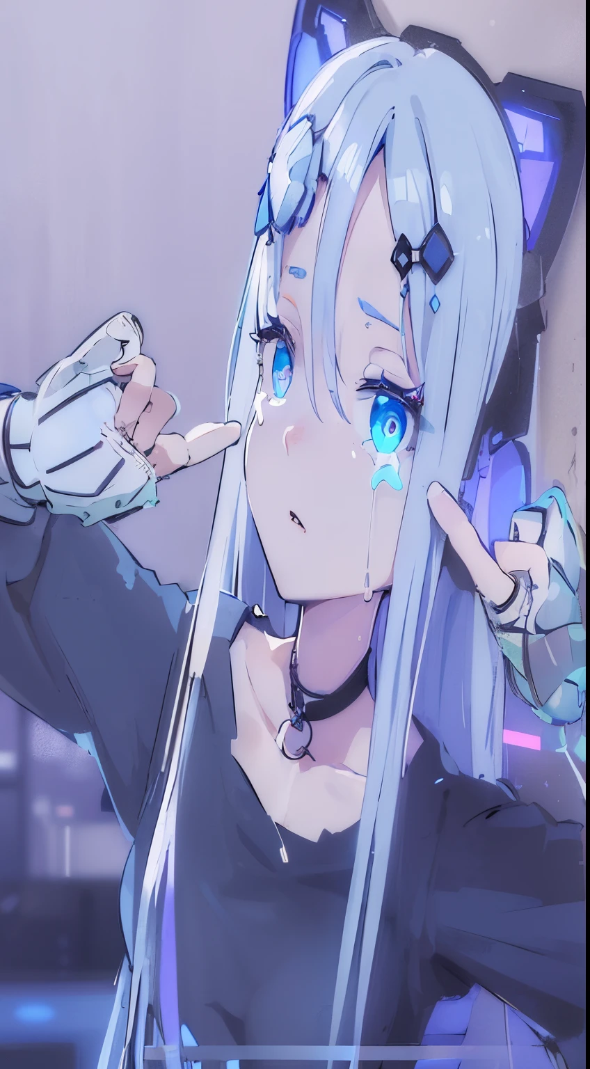 ((masterpiece)),(best quality),(detailed),(1girl), (inside data stream) light blue and blue gradient hair, light blue glowing eyes, straight hair, wearing a modern white shirt and black skirt, crying, covered in data particles, chained to neck, medium size boobs