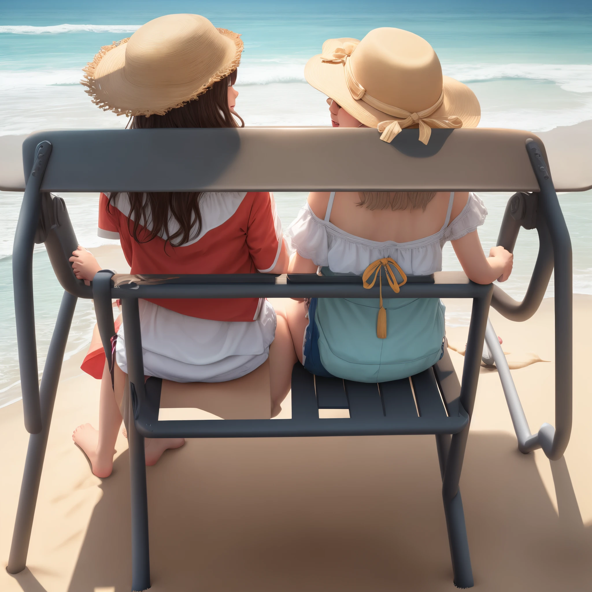 The Seaside Tea Party: Capture a scene of a ten-year-old girl with pigtails and a sunhat, accompanied by her dog, having a tea party on a windswept beach. The girl wears a floral dress, and the beach is adorned with vintage tea sets and whimsical sandcastles. The seaside charm should be depicted in Wes Anderson's signature color palette.