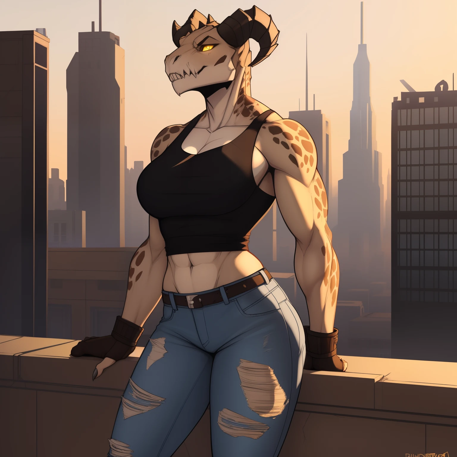 Tall_lanky_muscular_deathclaw female dark_beige_scaled_body spotted_scales yellow_eyes solo Masterpiece best_quality absurdres highly_detailed cleanly_drawn_eyes anthro_only by_claweddrip, by_greasymojo, by_underscore-b, by_runawaystride ripped_jeans ripped_tank_top ruined_city dusty_sky
