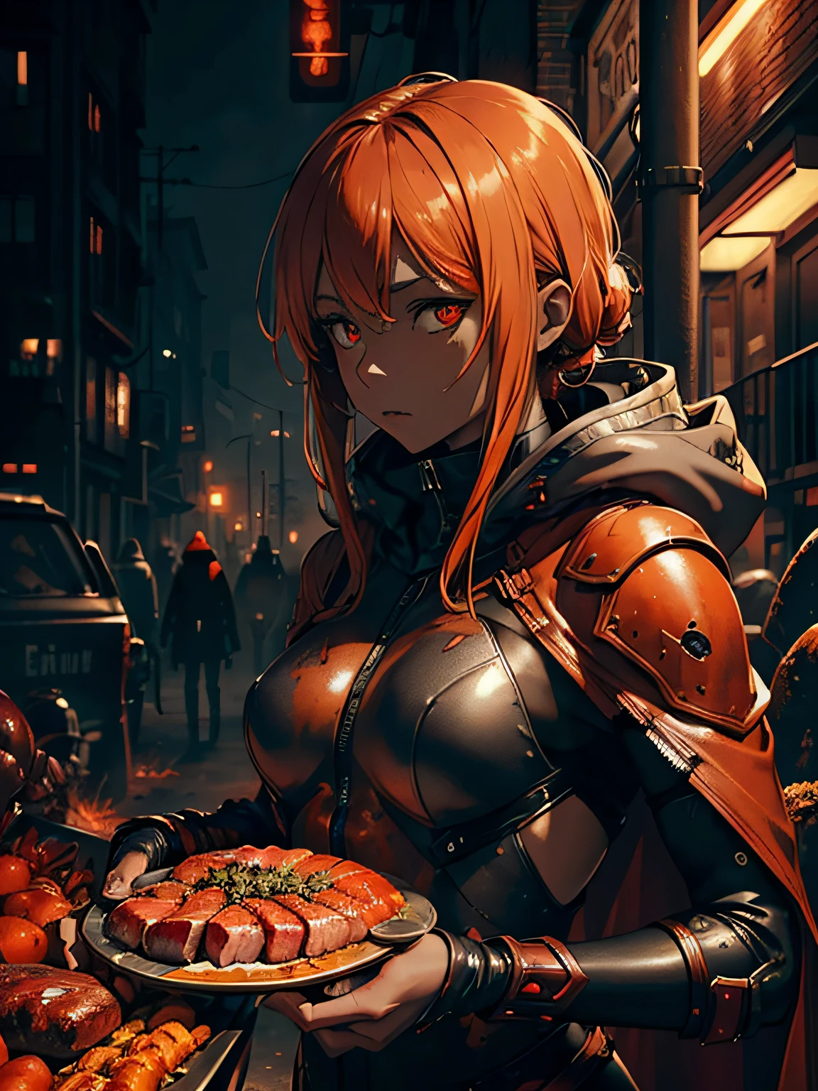 (dark biopunk art), ((biopunk world in cold red orange colors)), biopunk girl, (dark gray-ash skin), meat living flesh greatcoat, clothing made from living flesh, glossy eyes, masterpiece, meat scenery, highly detailed landscape