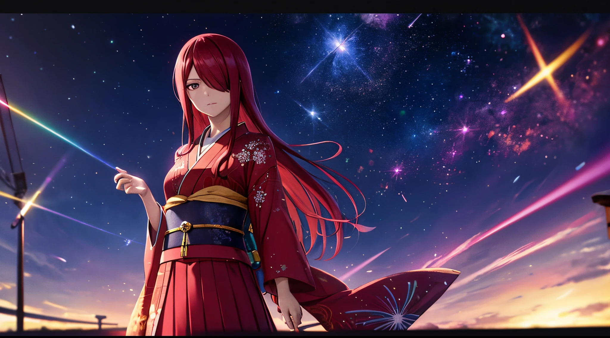 erza, 1girl, solo, long_hair, medium breasts,brown_eyes,red_hair,hair over one eye, standing, looking at viewer,kimono with beads,praying beads on neck, long skirt,outer space galaxy and nebulae,anime style,deep depth of field,wide angle view,Lumen Reflections,Screen Space Reflections,Diffraction Grading,Chromatic Aberration,GB Displacement,Scan Lines,Ray Traced,Anti-Aliasing,FXAA,TXAA,RTX,SSAO,Shaders,OpenGL-Shaders,GLSL-Shaders,Post Processing,Post-Production,cell Shading,Tone Mapping,CGI,VFX,SFX,insanely detailed and intricate, 4K