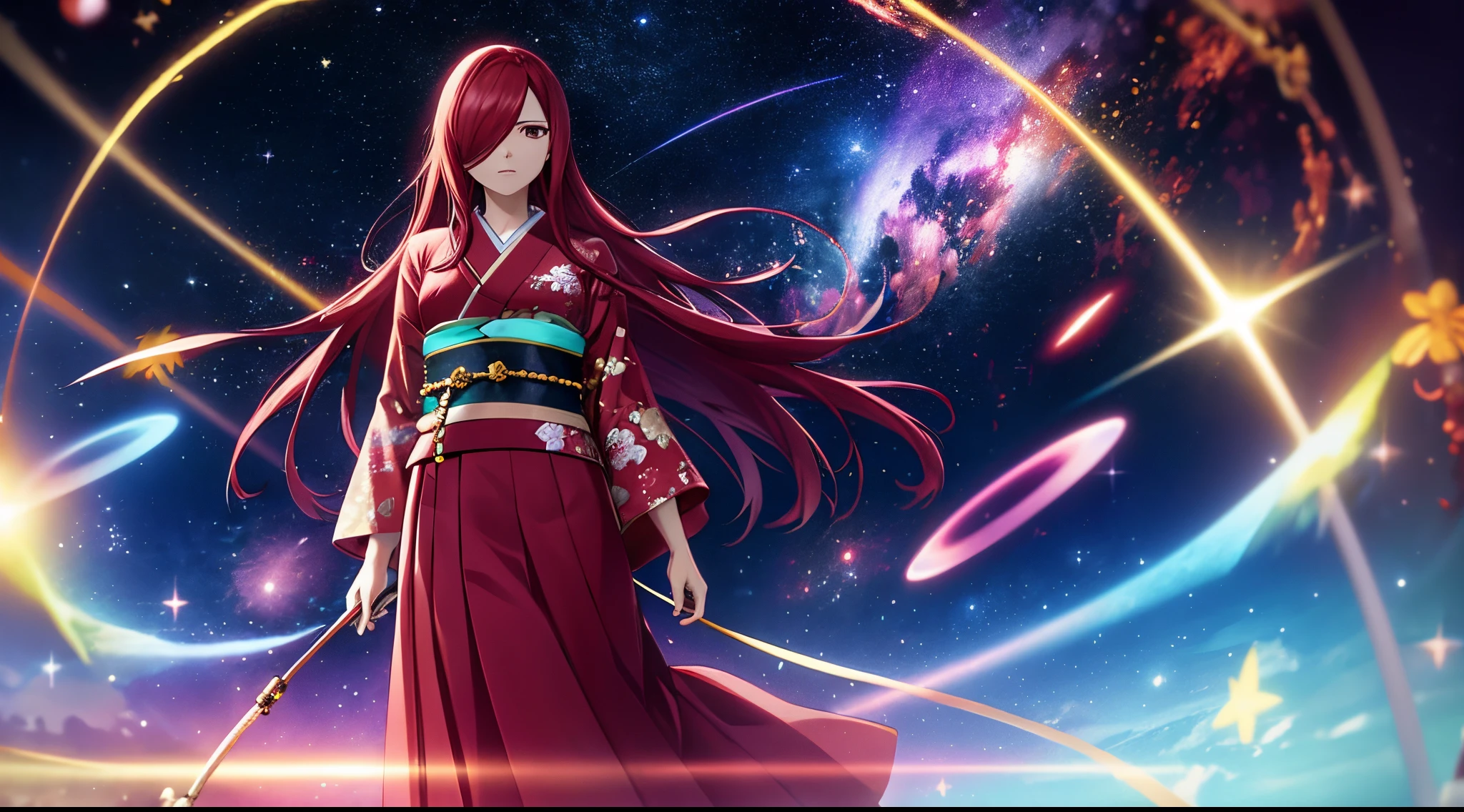 erza, 1girl, solo, long_hair, medium breasts,brown_eyes,red_hair,hair over one eye, standing, looking at viewer,kimono with beads,praying beads on neck, long skirt,outer space galaxy and nebulae,anime style,deep depth of field,wide angle view,Lumen Reflections,Screen Space Reflections,Diffraction Grading,Chromatic Aberration,GB Displacement,Scan Lines,Ray Traced,Anti-Aliasing,FXAA,TXAA,RTX,SSAO,Shaders,OpenGL-Shaders,GLSL-Shaders,Post Processing,Post-Production,cell Shading,Tone Mapping,CGI,VFX,SFX,insanely detailed and intricate, 4K