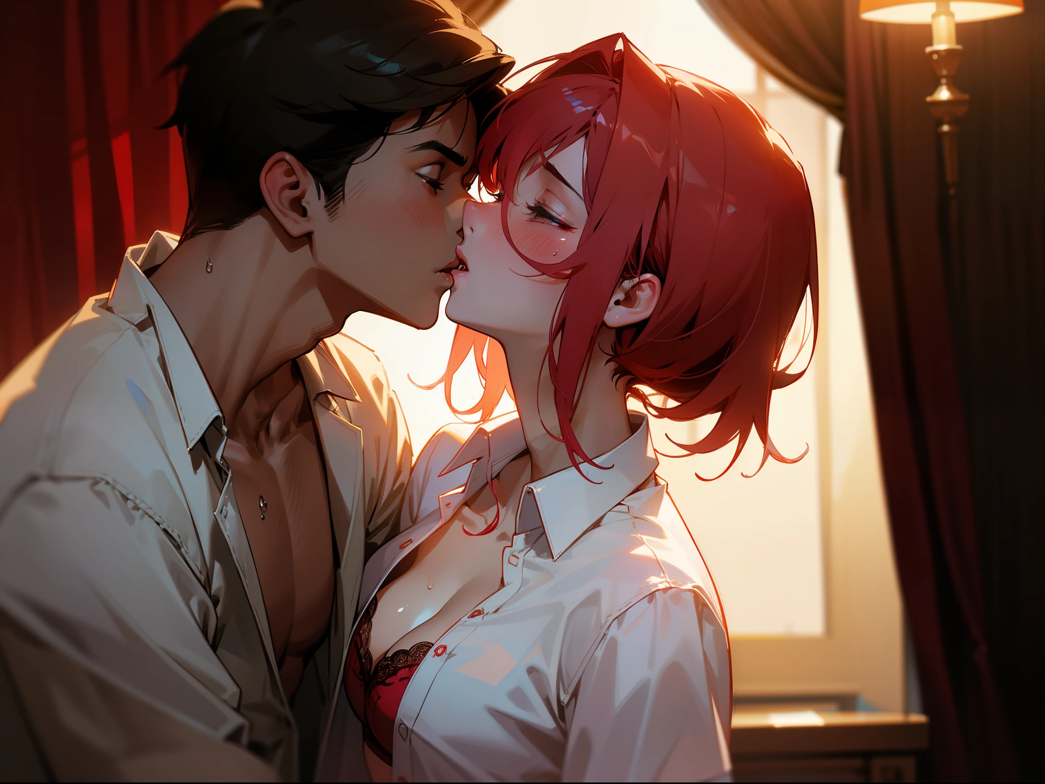 boy shirtless kissing woman wearing unbuttoned sheer white shirt and sexy red lingerie underneath, intense scene, dark room, one lamp, warm lighting, very erotic, sweaty, lustful, passionate, making out