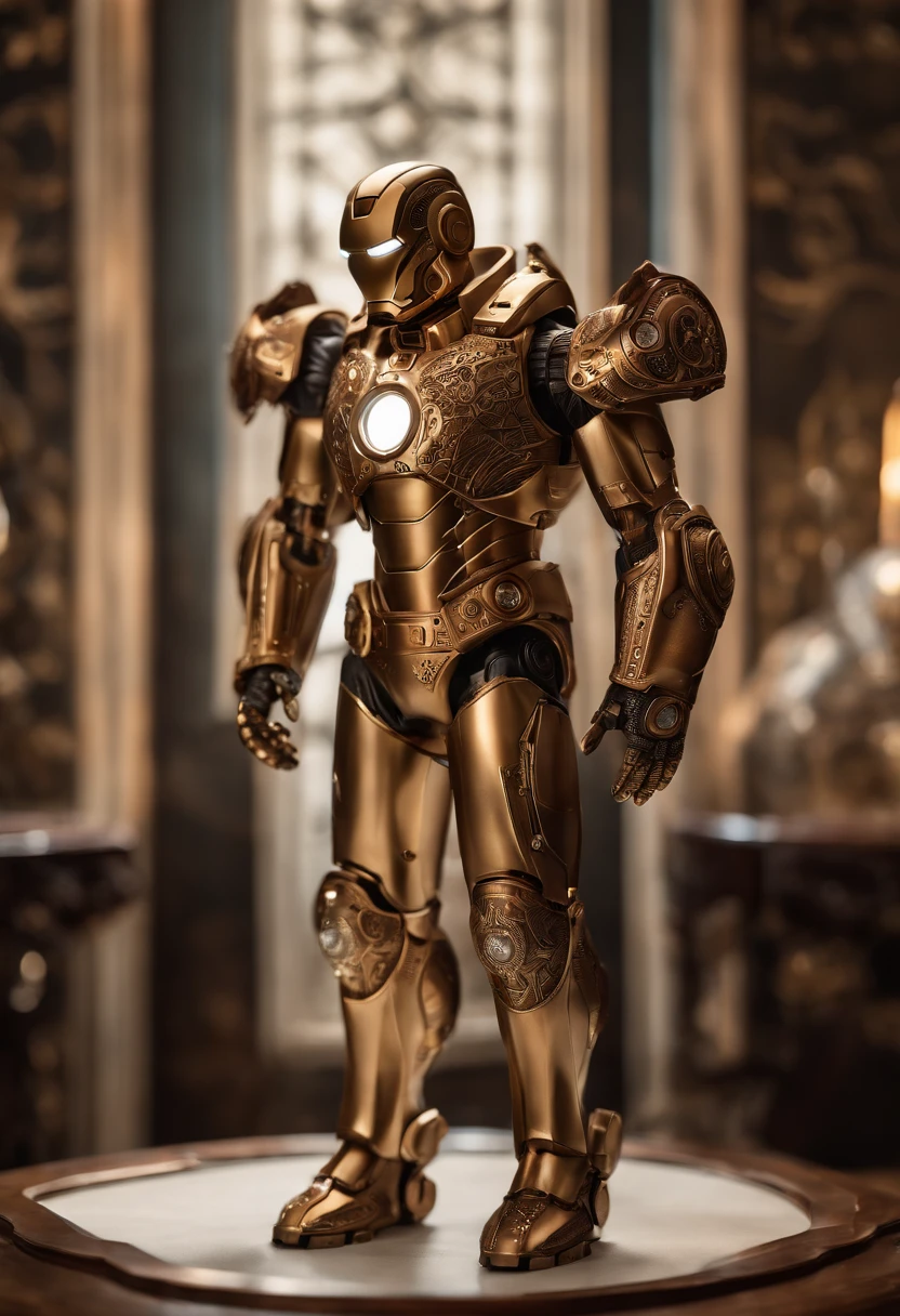 Envision a mesmerizing scene featuring an Ironman suit meticulously crafted with intricate details, fashioned entirely in brass and copper. Dive into extreme micro-details to capture the precision and complexity of this steampunk-inspired mechanical marvel.
Highlight the detailed etchings and engravings on the brass surface, showcasing ornate patterns that add a touch of elegance to the suit. Emphasize the intricate interlocking gears and cogs, seamlessly integrated into the design, reflecting the fusion of advanced technology and Victorian aesthetics.
Zoom in on the copper elements, capturing the warm glow of this metal and the subtle variations in color that add depth to the suit. Pay attention to every joint and articulated part, showcasing the functionality of the mechanical components while maintaining a sense of aesthetic beauty.
Consider the lighting, allowing it to play a crucial role in enhancing the details. Utilize warm, ambient lighting to accentuate the brass and copper tones, creating a visually compelling and immersive atmosphere.
Imagine the Ironman suit in a dynamic pose, perhaps mid-flight or in a stance ready for action. Integrate surroundings that complement the steampunk theme, whether it's a Victorian-inspired workshop or an industrial setting that enhances the overall aesthetic.
This detailed prompt aims to inspire the creation of an exceptionally detailed and visually striking depiction of an intricate Ironman suit, built with precision in brass and copper, with extreme micro-details that showcase the craftsmanship of this steampunk-inspired marvel.