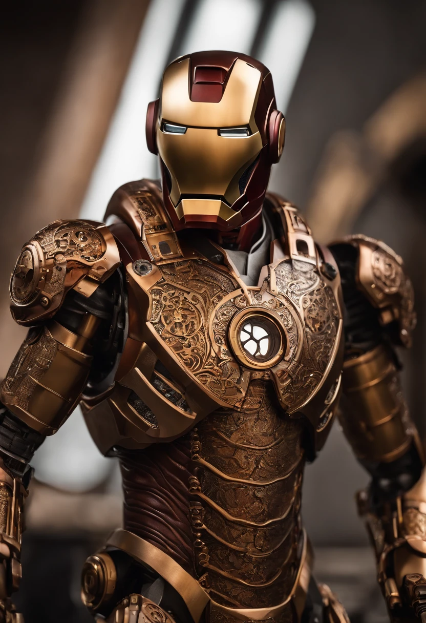 Envision a mesmerizing scene featuring an Ironman suit meticulously crafted with intricate details, fashioned entirely in brass and copper. Dive into extreme micro-details to capture the precision and complexity of this steampunk-inspired mechanical marvel.

Highlight the detailed etchings and engravings on the brass surface, showcasing ornate patterns that add a touch of elegance to the suit. Emphasize the intricate interlocking gears and cogs, seamlessly integrated into the design, reflecting the fusion of advanced technology and Victorian aesthetics.

Zoom in on the copper elements, capturing the warm glow of this metal and the subtle variations in color that add depth to the suit. Pay attention to every joint and articulated part, showcasing the functionality of the mechanical components while maintaining a sense of aesthetic beauty.

Consider the lighting, allowing it to play a crucial role in enhancing the details. Utilize warm, ambient lighting to accentuate the brass and copper tones, creating a visually compelling and immersive atmosphere.

Imagine the Ironman suit in a dynamic pose, perhaps mid-flight or in a stance ready for action. Integrate surroundings that complement the steampunk theme, whether it's a Victorian-inspired workshop or an industrial setting that enhances the overall aesthetic.

This detailed prompt aims to inspire the creation of an exceptionally detailed and visually striking depiction of an intricate Ironman suit, built with precision in brass and copper, with extreme micro-details that showcase the craftsmanship of this steampunk-inspired marvel.