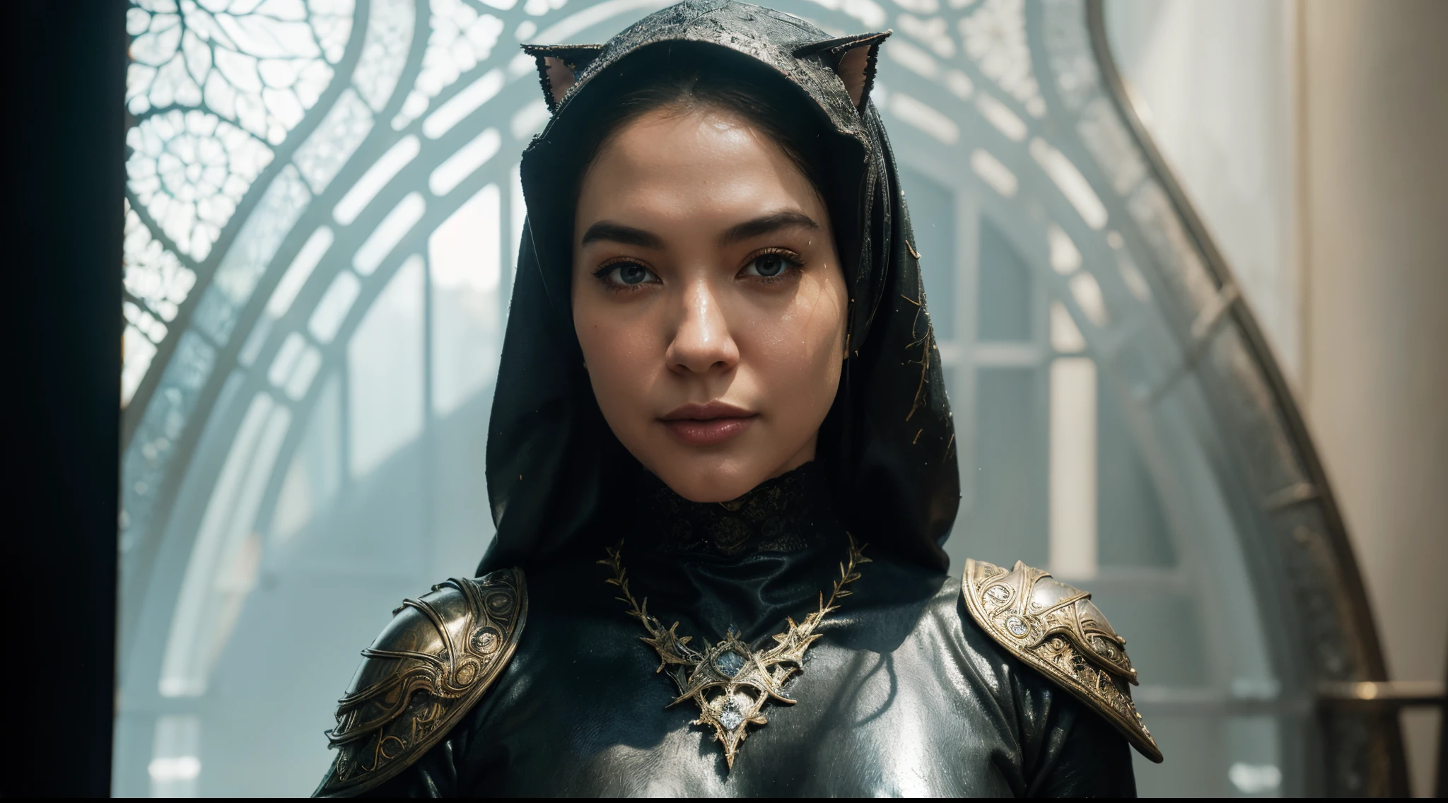 Full body portrait, beautiful fantasy Catwoman in hijab, shiny metallic jeweled depth, glowing smoke neon eyes, hoarfrost metal lace, fantasy, sunlight, sunbeam, intricate detail. 8k, dreamlike, surrealism, super cute, symmetrical, soft lighting, trending on artstation, intricate details, highly detailed, unreal engine, by ross tran, wlop, artgerm and james jean, Brian Froud, art illustration by Miho Hirano, Neimy Kanani, oil on canvas by Aykut Aydoğdu, oil painting, heavy strokes, paint dripping