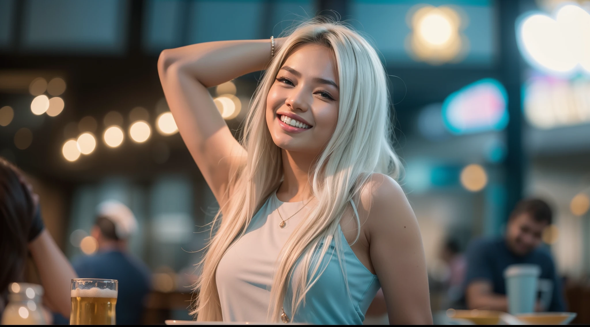 Malay girl, very long white hair,wear soft blue Mini peplum Dress , laughing and posing with hand on head, touching her own head, wear handbag, from back view, windy, detail skin, age spot, detail skin texture, mole below eyes, small breast, flat chest, wide hips, small waists, thick thighs, thick legs, beer belly, beautiful body, nighttime, laughing, happy, bright lighting, crowded cafe, blur background, bokeh, high quality, ultra detail, 8k, photorealistic, movie shot framing, cinematic,