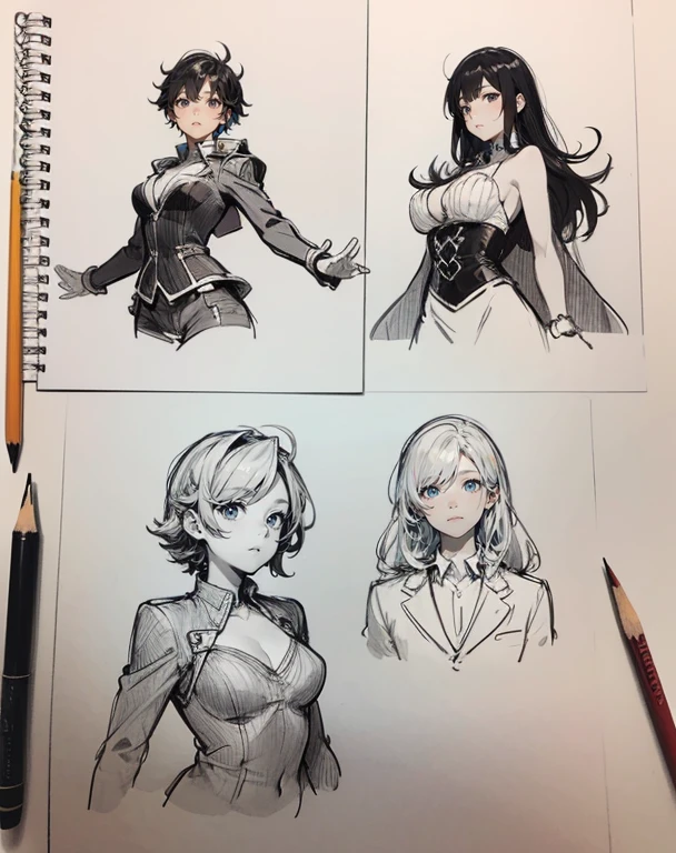 Drawing Lessons, top-quality, Poses, Correct anatomy, Beautiful body curves, Sketch beech, Daily Draw, vestments, Pencil、black-and-white、monochromes、Granblue Fantasy、Hair falls on the shoulders