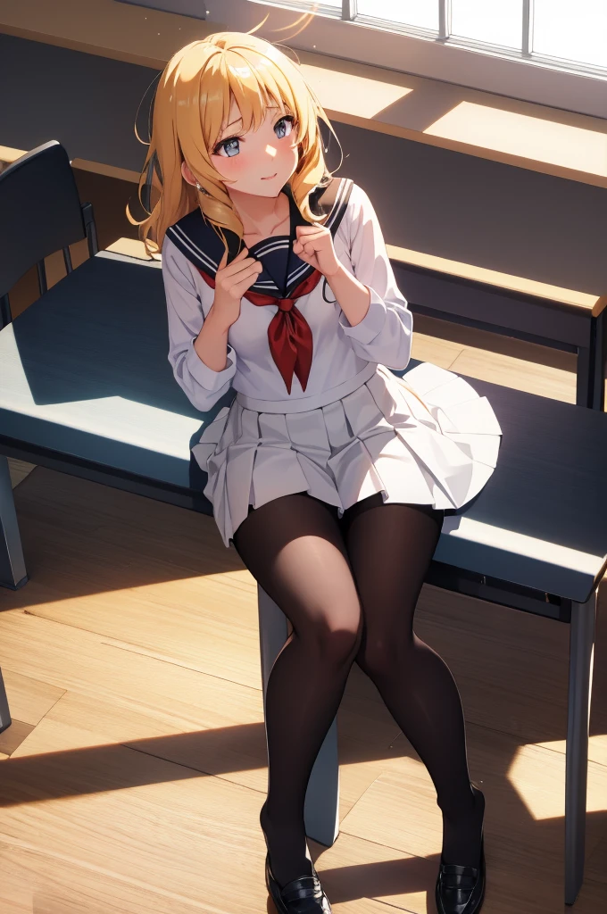headback, serafuku,school uniform, skirt, socks, pantyhose,classroom, sunbeam, sunlight, light rays, lens flare,1girl, (young), pretty face, shiny skin, shiny hair, floating hair, slim, thin, nsfw,