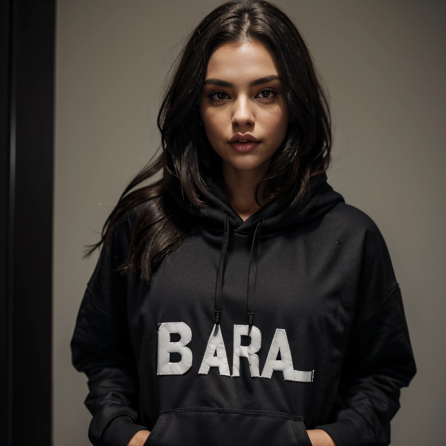 Dark hair, big lips, sexy eyes, woman and man with black hoodie, full body