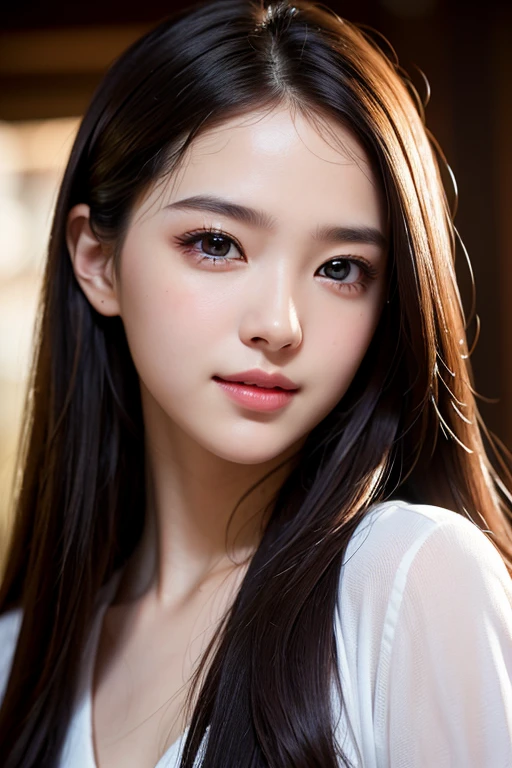 close-up, masterpiece, best quality, raw photo, photorealism, smile, beautiful girl, cute, long hair, depth of field, high resolution, ultra detail, detail, highly detailed eyes and face, sharp pupils, realistic pupils, sharp focus, cinematic lighting