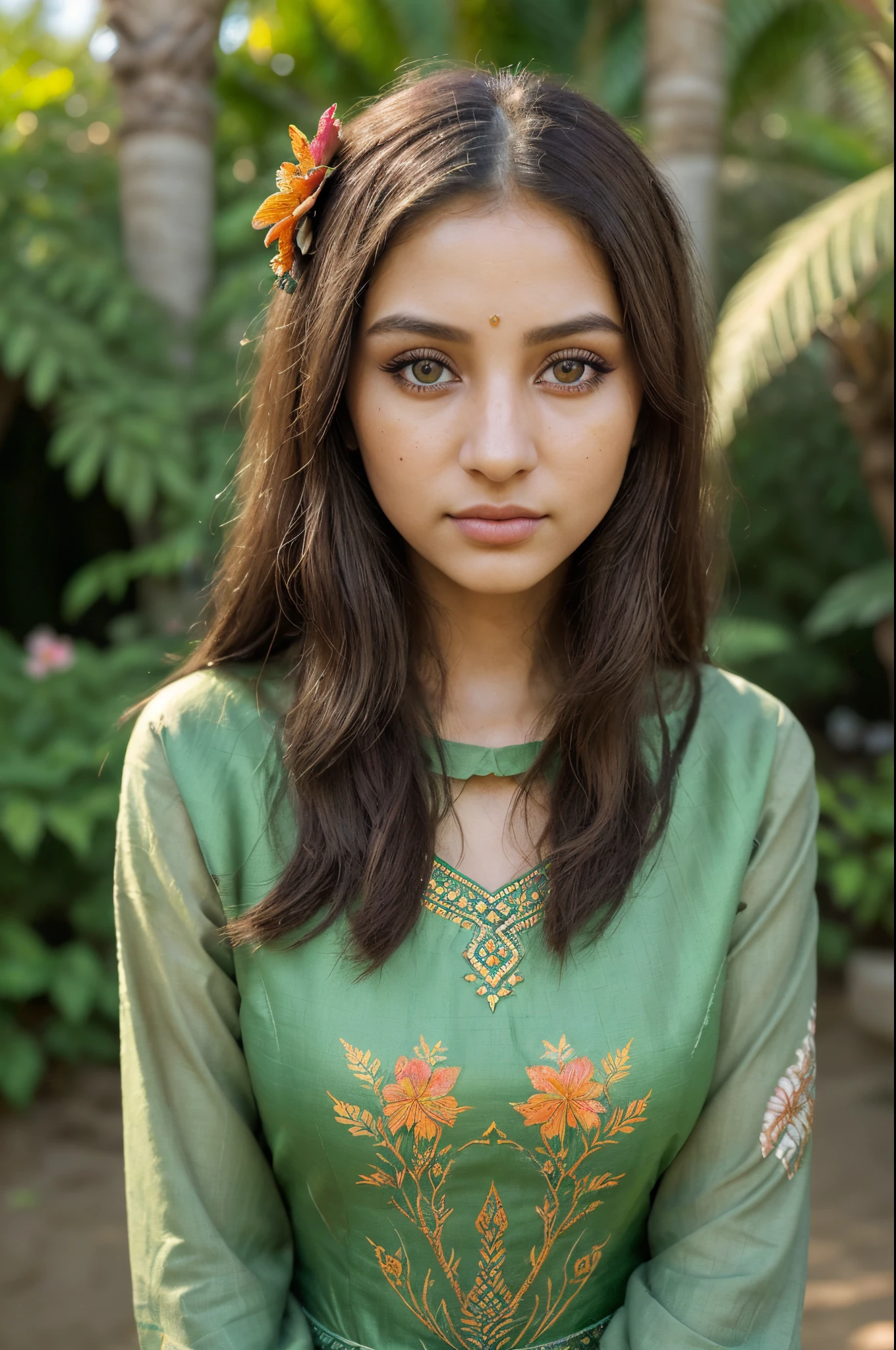 Of a beautiful lord shri krishna , A detailed girl with beautiful eyes and lips, in a garden full of vibrant flowers and lush greenery. The girl is standing gracefully, wearing a flowing dress that matches the colors of the flowers around her. The sunlight spills through the tree branches, casting soft and warm rays on her face and creating a dreamy atmosphere. Her eyes are sparkling with life, and her long eyelashes frame them perfectly. The painting style is a mixture of classical oil painting and contemporary digital art, resulting in a stunning blend of realism and artistic interpretation. The colors are vivid and rich, with a warm color palette that emphasizes the natural beauty of the scene. Every detail is meticulously captured, from the delicate texture of the flowers to the intricate patterns on the girl's dress. The overall composition is balanced and harmonious, inviting viewers to immerse themselves in this enchanting garden.