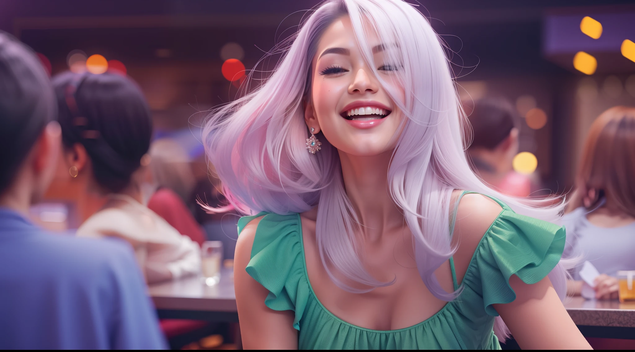 Malay girl, very long white hair,wear soft blue Mini peplum Dress , laughing and posing with hand on head, touching her own head, wear handbag, from back view, windy, detail skin, age spot, detail skin texture, mole below eyes, small breast, flat chest, wide hips, small waists, thick thighs, thick legs, beer belly, beautiful body, nighttime, laughing, happy, bright lighting, crowded cafe, blur background, bokeh, high quality, ultra detail, 8k, photorealistic, movie shot framing, cinematic,