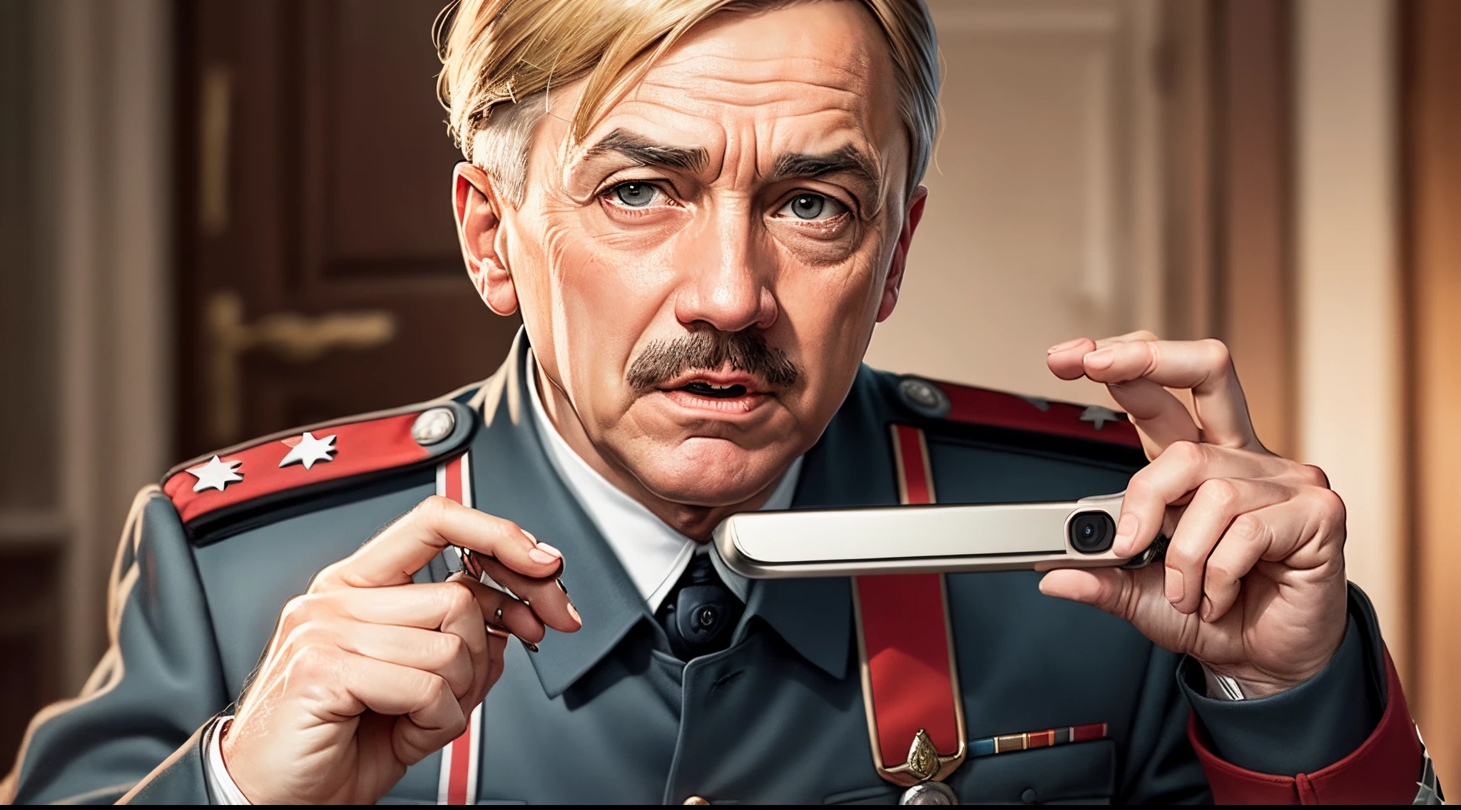 A commander dressed as an elderly man (1.5) with a curious expression, the background is very large combat command with many large screens