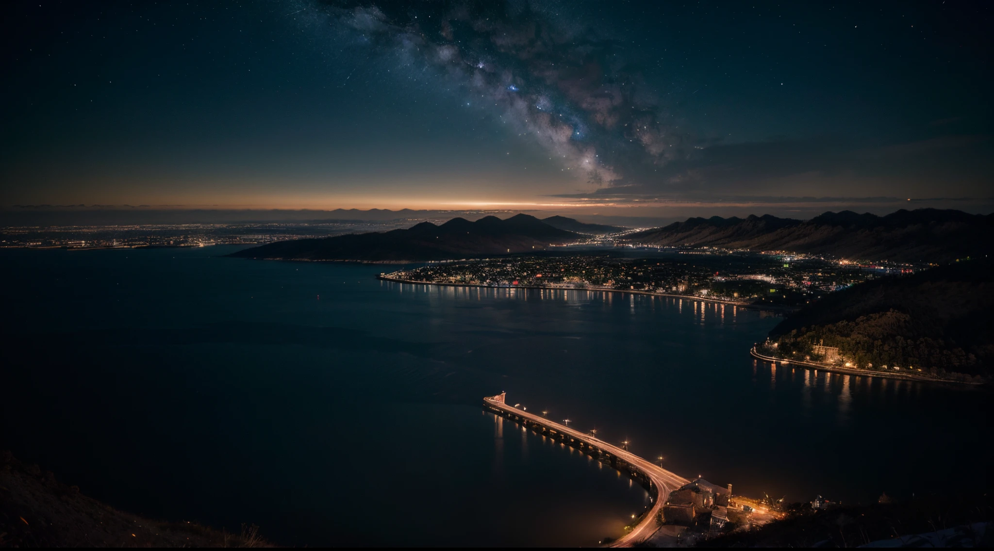 "Create a stunning, high-quality image of a serene and captivating nighttime landscape, blending elements of nature, cityscape, and celestial beauty. Envision a scene that evokes a sense of tranquility and wonder, with a seamless integration of moonlight, stars, and softly illuminated landscapes. Emphasize the balance between natural elements and urban features, capturing the magic of the night in a visually breathtaking composition."