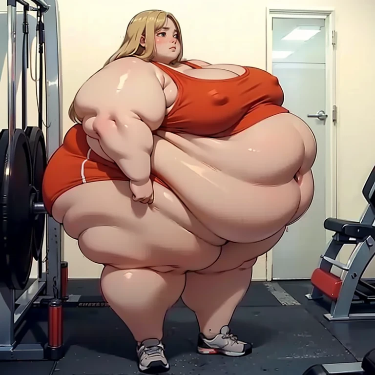masterpiece, 1girl, best quality, young woman, tall, (tired expression), ((detailed face)), ((beautiful face)), (ussbbw), (morbidly obese), (chubby belly), (massive thighs), (long legs), from side, profile shot, full body shot, blonde hair, gym clothes
