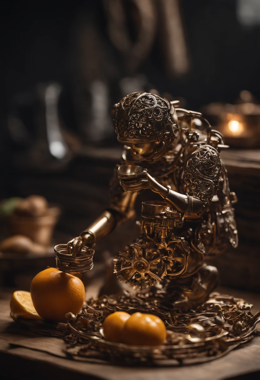 Imagine a visually captivating scene where intricate food sculptures come to life, crafted entirely from small, detailed scrap metals. Dive into extreme micro-details, capturing the artistry in each piece as they transcend their humble origins to form delectable and visually stunning culinary creations.

Highlight the diversity of scrap metals, showcasing how each piece contributes to the textures and forms of the food sculptures. Emphasize the meticulous arrangement of components, from gears and wires to tiny bolts and fragments, creatively forming everything from fruits to pastries with exceptional detail.

Zoom in on the details of how these scrap metals interact, demonstrating the artistry and precision in their assembly. Illuminate the sculptures with cinematic lighting, casting shadows that add depth and drama, enhancing the overall visual impact.

Consider the play of light on the metallic surfaces, emphasizing the reflections and highlights to showcase the texture and intricate nature of each scrap metal used. Create an atmosphere that elevates the sculptures, using cinematic light to evoke a sense of awe and appreciation for the creative fusion of art and discarded materials.

This detailed prompt aims to inspire the creation of a visually striking depiction of food sculptures crafted from small, intricate scrap metals, focusing on extreme micro-details and cinematic lighting to showcase the artistry and creativity in each piece.