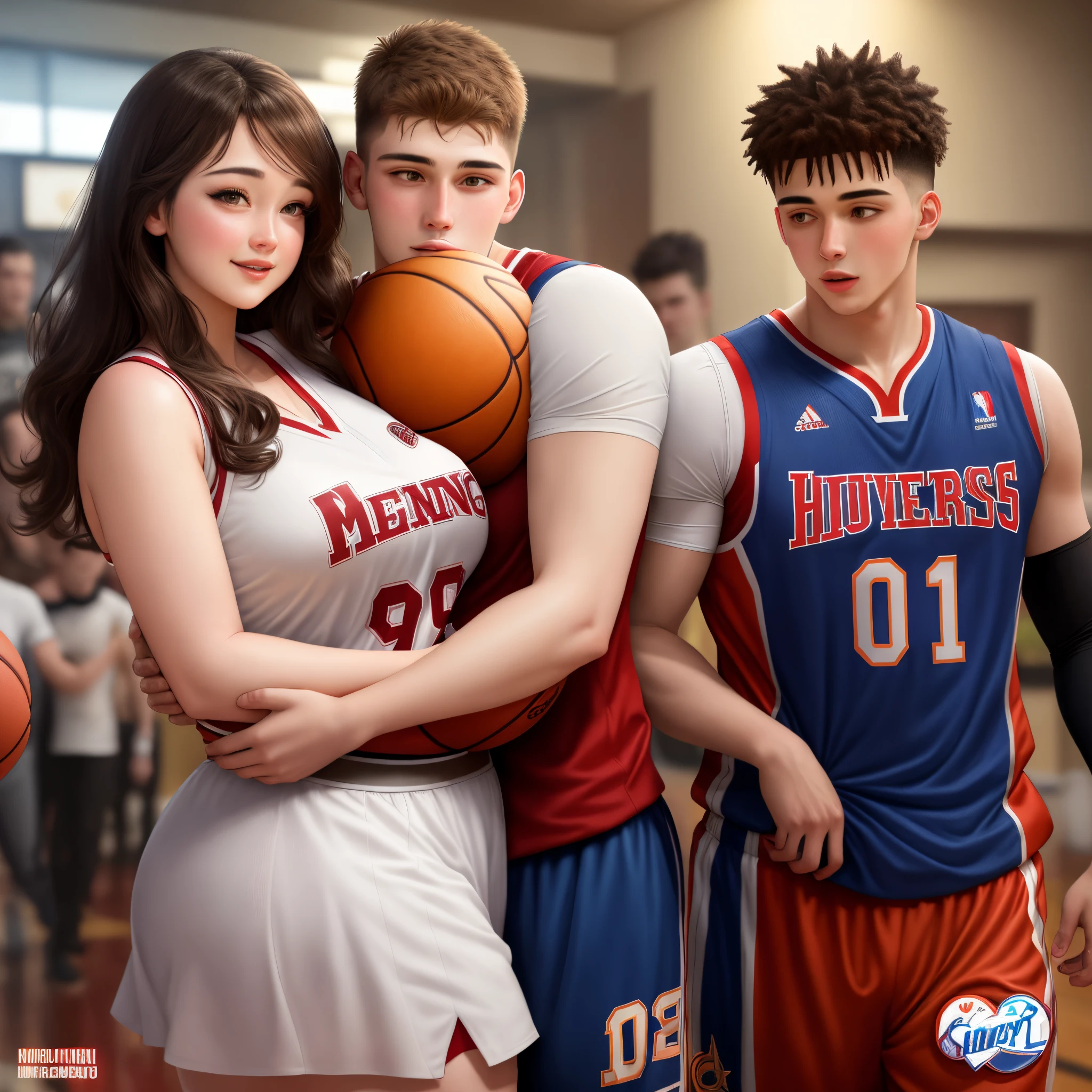 Cover of a romance book with a chubby and beautiful woman hugging a handsome Moreno basketball player
