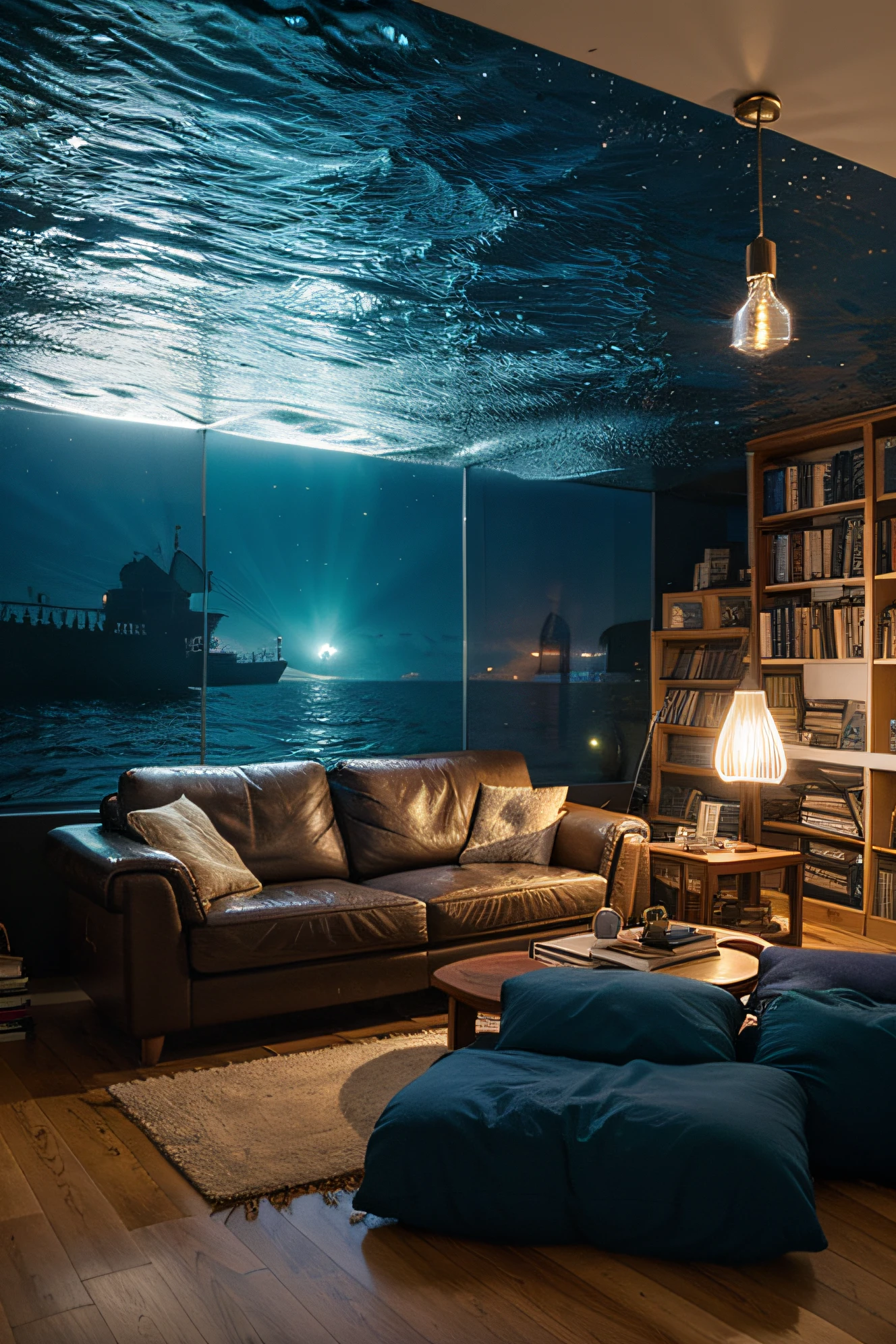 fondo de un cuarto y un ventanal grande con un mar de fondo luces medias con una biblioteca a la derecha y lamparas adecuadas a la estructura visual