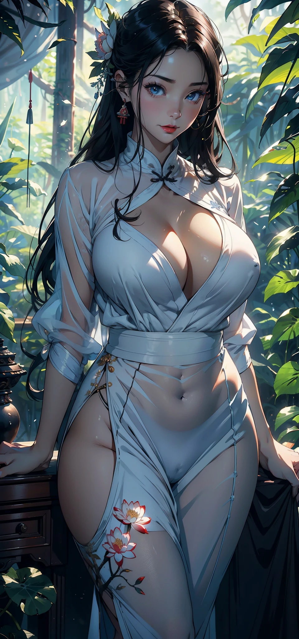 1female,45 yers old,Married woman,熟妇,mature,a little bit chubby,A MILF,the breasts are large,big chest and thin waist,long leges, 独奏,(Background with:the rainforest,lotus flower,ponds,,) She has short black hair,bobo head,,seen from the front, Stand deep in the forest, The sky is mostly cloudy,(((tmasterpiece),(Very detailed CG unified 8k wallpaper),Best quality,电影灯光,detailed back ground,beautidful eyes,Bright pupils,黑The eye,Snow-whiteskin,Redlip(very delicate beautiful),(Beautiful and detailed eyes description),ultra - detailed,tmasterpiece,))facing at the camera,A high resolution,ultra - detailed),Expose breasts exposed,Bare genitals, Protruding genitals,legs are open,Raised sexy,Camel toes,cook(dressed in:Oversized bust,drooping chest,nakeness,White cheongsam)