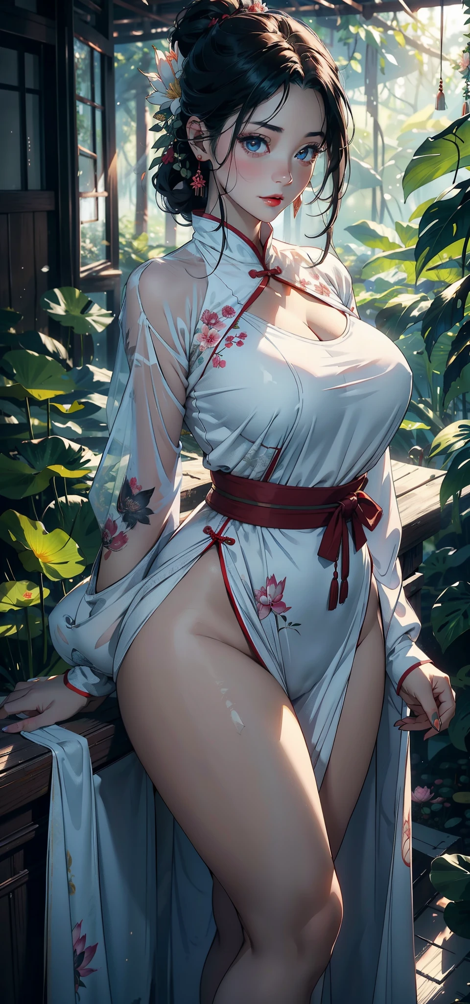 1female,45 yers old,Married woman,熟妇,mature,a little bit chubby,A MILF,the breasts are large,big chest and thin waist,long leges, 独奏,(Background with:the rainforest,lotus flower,ponds,,) She has short black hair,bobo head,,seen from the front, Stand deep in the forest, The sky is mostly cloudy,(((tmasterpiece),(Very detailed CG unified 8k wallpaper),Best quality,电影灯光,detailed back ground,beautidful eyes,Bright pupils,黑The eye,Snow-whiteskin,Redlip(very delicate beautiful),(Beautiful and detailed eyes description),ultra - detailed,tmasterpiece,))facing at the camera,A high resolution,ultra - detailed),Expose breasts exposed,Bare genitals, Protruding genitals,legs are open,Raised sexy,Camel toes,cook(dressed in:Oversized bust,drooping chest,nakeness,White cheongsam)