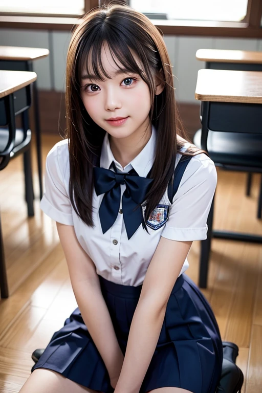 ((masterpiece)), japanese, (a girl), (18 years old), (((school uniform))), smiling, indoor, dark blue knit vest, thighs, 