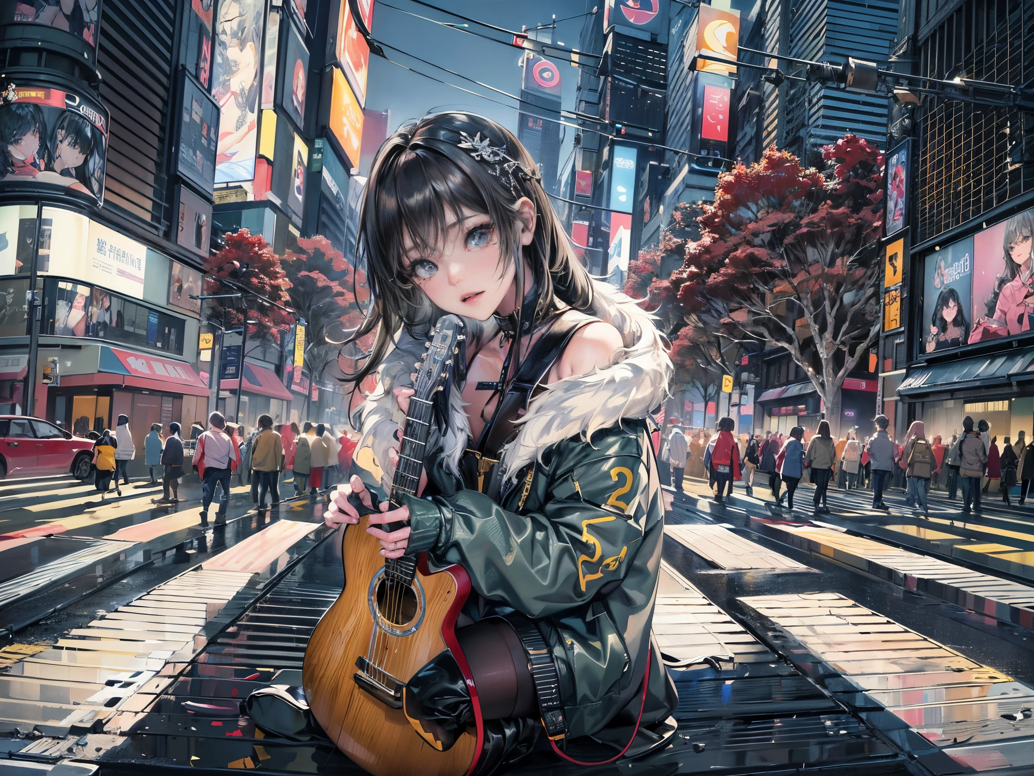 Cinematic lighting,16 K.Top image quality、Highly detailed quality illustrations、super detailed skin、Beautiful detailed eyes、Best Quality,Perfect Anatomy,(Alternative、dim colors, Soothing tones:1.3),NSFW(Detailed beautiful facial features:1.3)Modern Shibuya crossing in winter、Mode rock girl playing guitar.,（knee high、kneehigh boots:1.5） （plays the guitar:1.6）Lively、Acrobatic、emotional、（Sing with a microphone、Enthusiasm、sing happily:1.5）knee high（Stand Microphone）（morning sun lighting:1.4）The center of the empty Shibuya Scramble Crossing in the early morning、Highly detailed feet.fullllbody