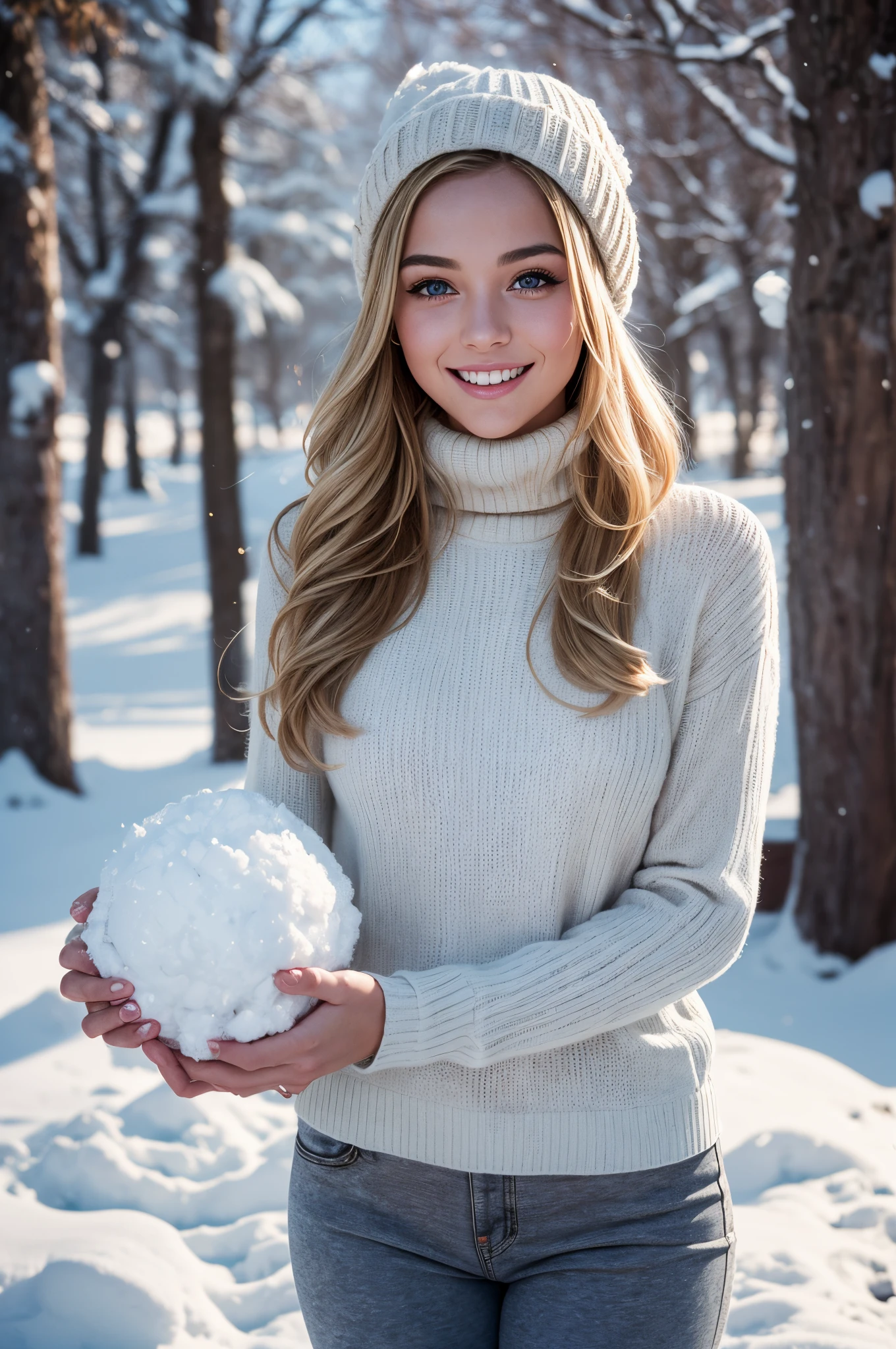 UHD, masterpiece, 1 gorgeous blonde woman with long wavy hair wearing a wool turtleneck sweater, a bonnet on the head and tight pants, 23 years old, she’s a playboy magazine model, (action pose throwing snowballs:1.0), having a great fun playing Snowball Fight, (holding small snowball in her hands:1.0 ), smile, happiness, canon 85 mm, Light depth of field, Kodak Ektar 200, perfect fit body, extremly detailed, Kodak gold 200