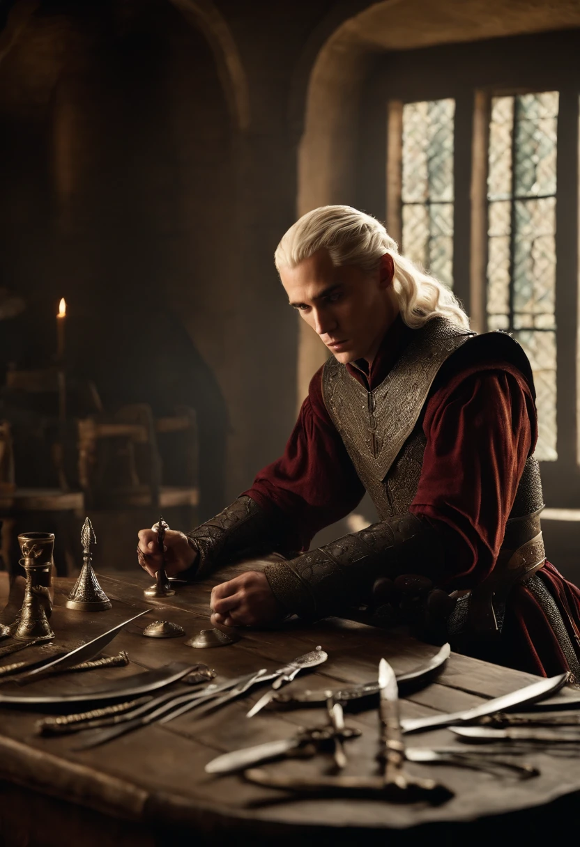 A photo of a man sitting alone at a broken down table, surrounded by discarded toy swords and armor.,Game of Thrones,Viserys Targaryen