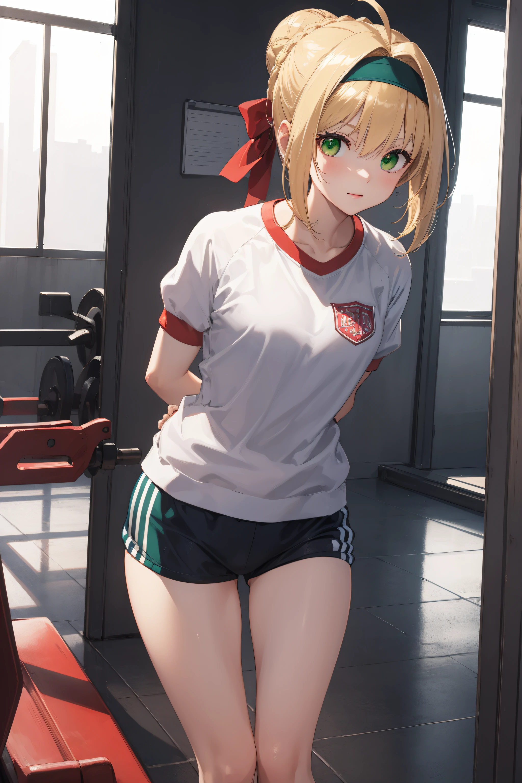 1girl,fgonero, nero, ahoge, blonde hair, (green eyes:1.5), hair between eyes,
BREAK braid, buruma, french braid, gym shirt, gym uniform, hair bun, headband, official alternate costume, red buruma, red headband, single hair bun,
BREAK looking at viewer, standing, leaning forward, (arms behind back:1.2),
BREAK indoors, classroom,
BREAK (masterpiece:1.2), best quality, high resolution, unity 8k wallpaper, (illustration:0.8), (beautiful detailed eyes:1.6), extremely detailed face, perfect lighting, extremely detailed CG, (perfect hands, perfect anatomy),