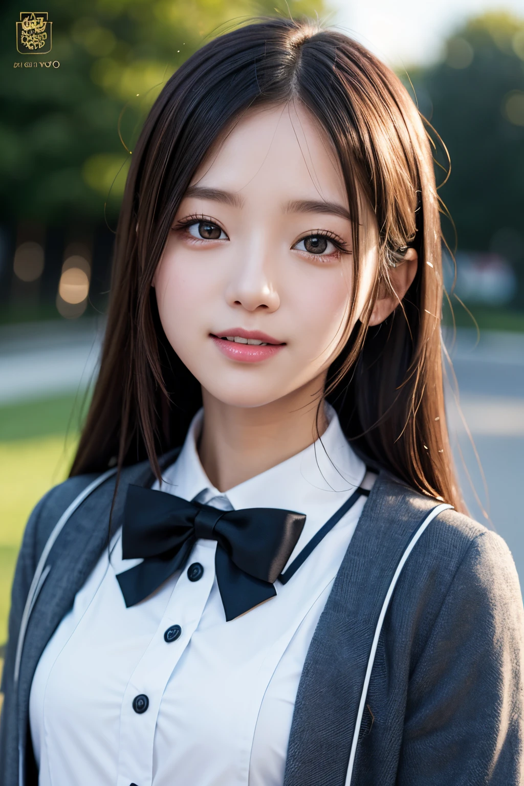 a closeup, masterpiece, top-quality, Raw foto, Photorealsitic, a smile, beautiful a girl, cute little, length hair, depth of fields, hight resolution, ultra-detailliert, detaile, extremely detailed eye and face, Sharp pupils, Realistic pupils, foco nítido, Cinematic lighting、School Uniforms、The upper part of the body、