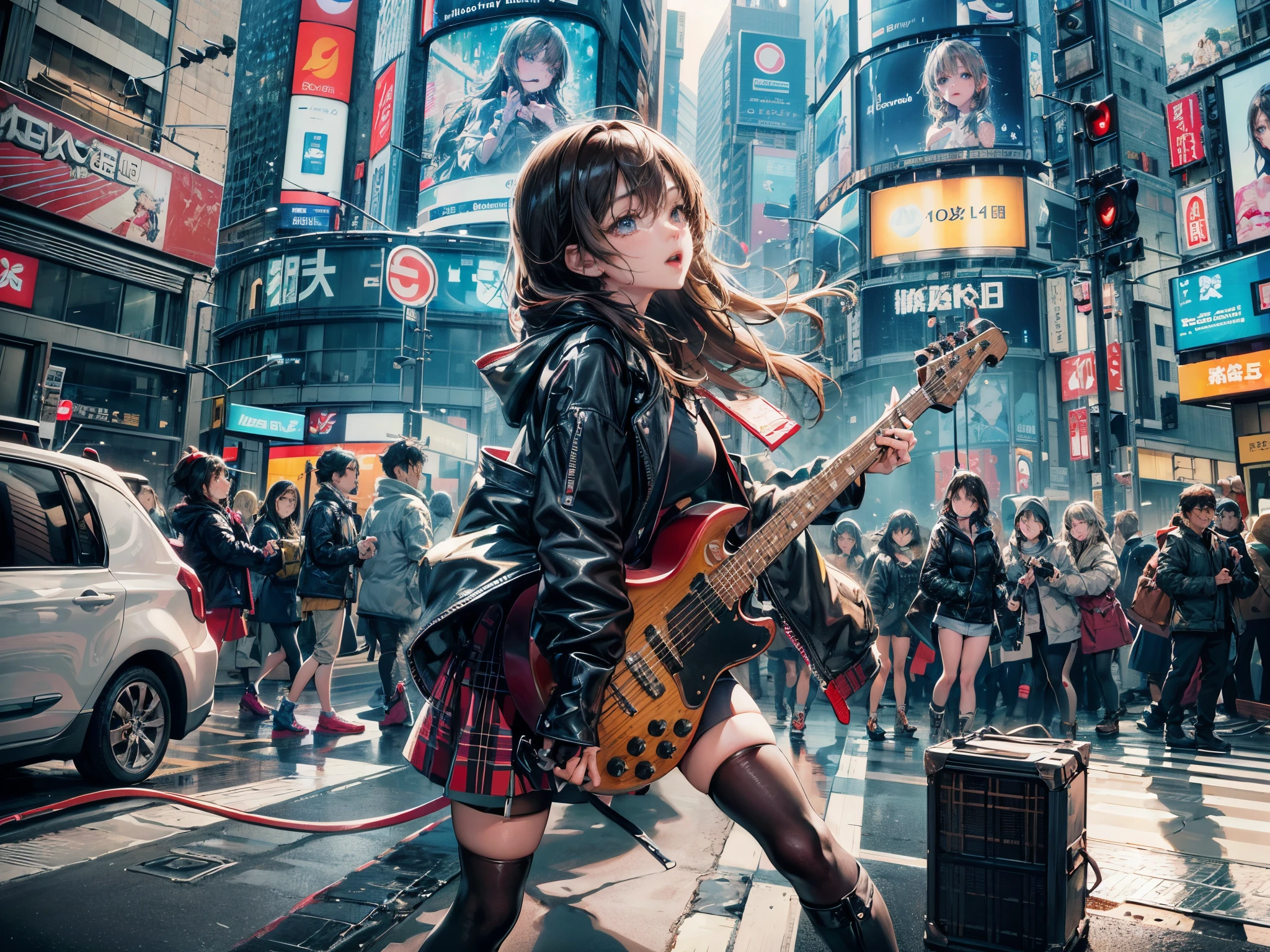 Cinematic lighting,16 K.Top image quality、Highly detailed quality illustrations、super detailed skin、Beautiful detailed eyes、Best Quality,Perfect Anatomy,(Detailed beautiful facial features:1.3)Modern Shibuya crossing in winter、Mode rock girl playing guitar.,（knee high、kneehigh boots:1.5） （plays the guitar:1.6）Lively、Acrobatic、emotional、（Sing with a microphone、Enthusiasm、sing happily:1.5）knee high（Stand Microphone）（morning sun lighting:1.4）The center of the empty Shibuya Scramble Crossing in the early morning、kirakira、Highly detailed feet.fullllbody