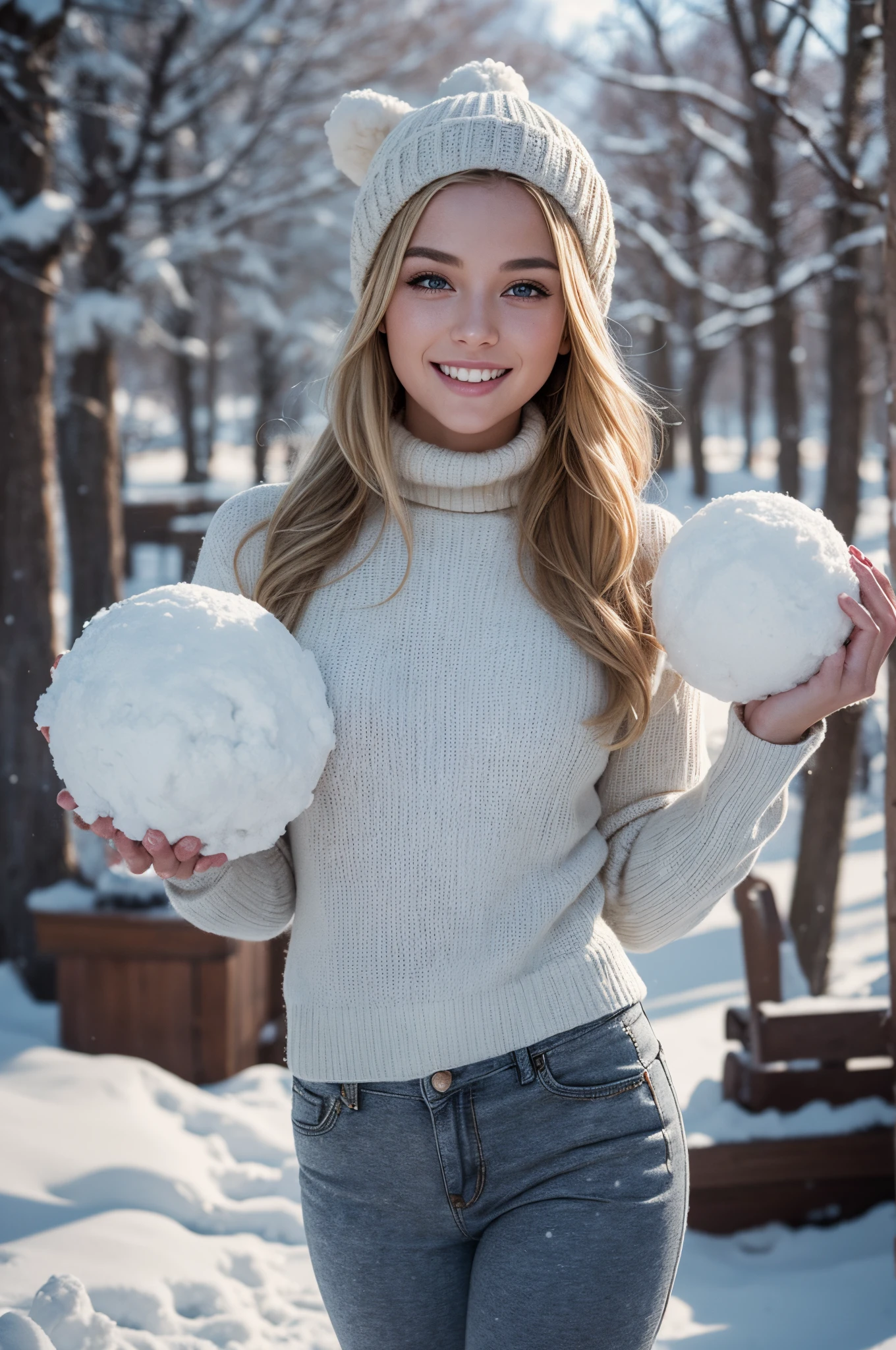UHD, masterpiece, 1 gorgeous blonde woman with long wavy hair wearing a wool turtleneck sweater, a bonnet on the head and tight pants, 23 years old, she’s a playboy magazine model, (action pose throwing snowballs:1.0), having a great fun playing Snowball Fight, smile, happiness, canon 85 mm, Light depth of field, Kodak Ektar 200, perfect fit body, extremly detailed, Kodak gold 200